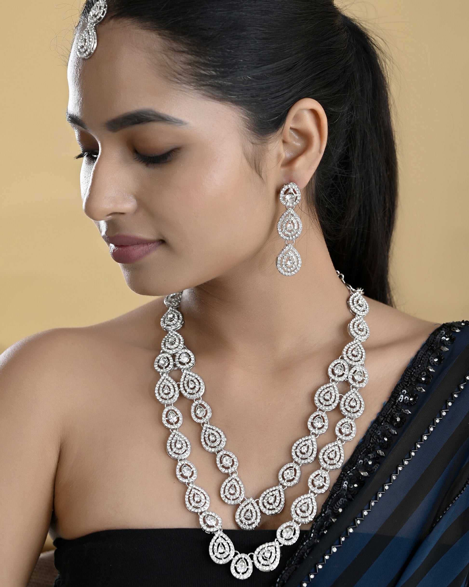 VOJ Sliver Plated American Diamond Studded Jewellery Set VOJ (Valley Of Jewellery)