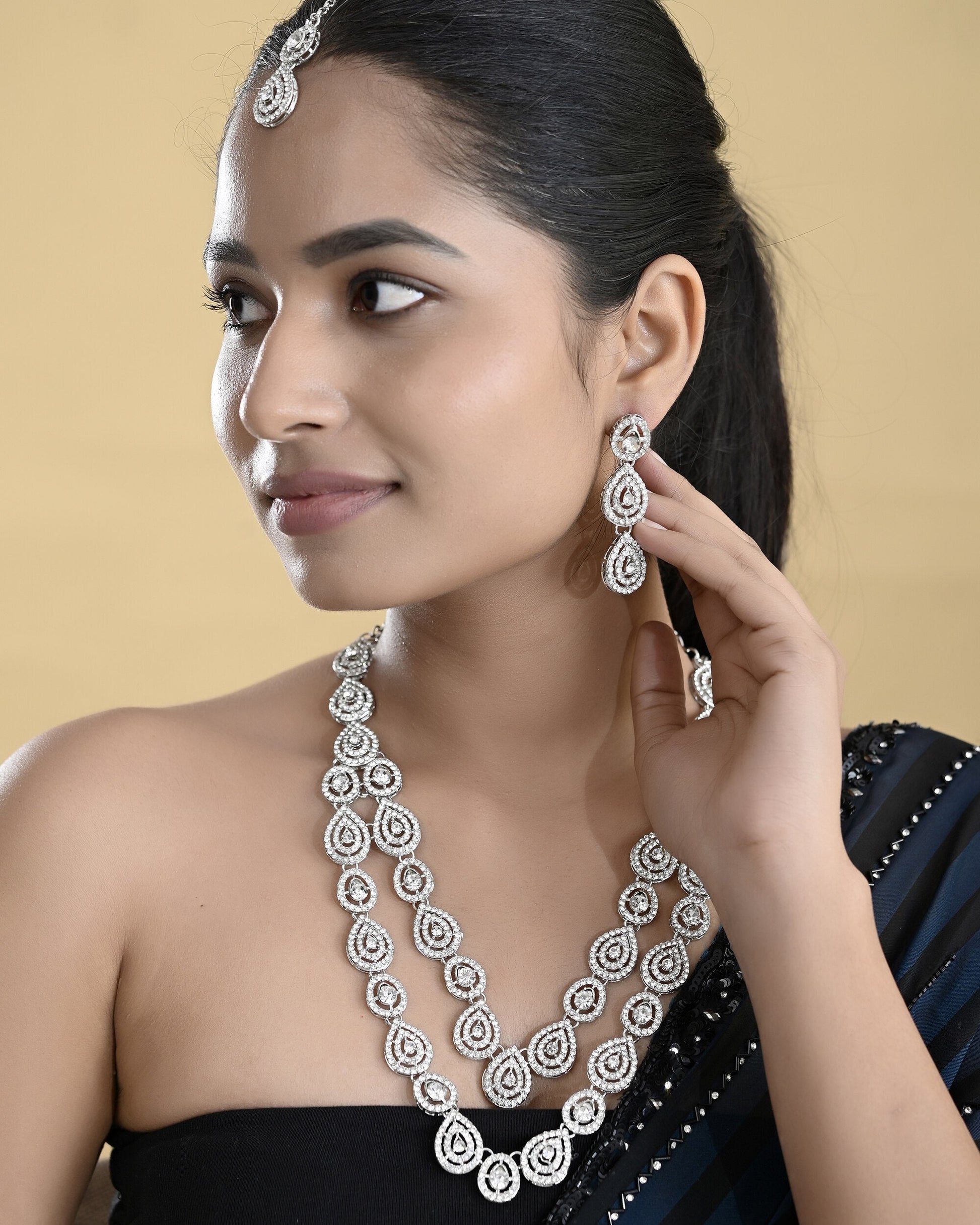 VOJ Sliver Plated American Diamond Studded Jewellery Set - Swadesiicart