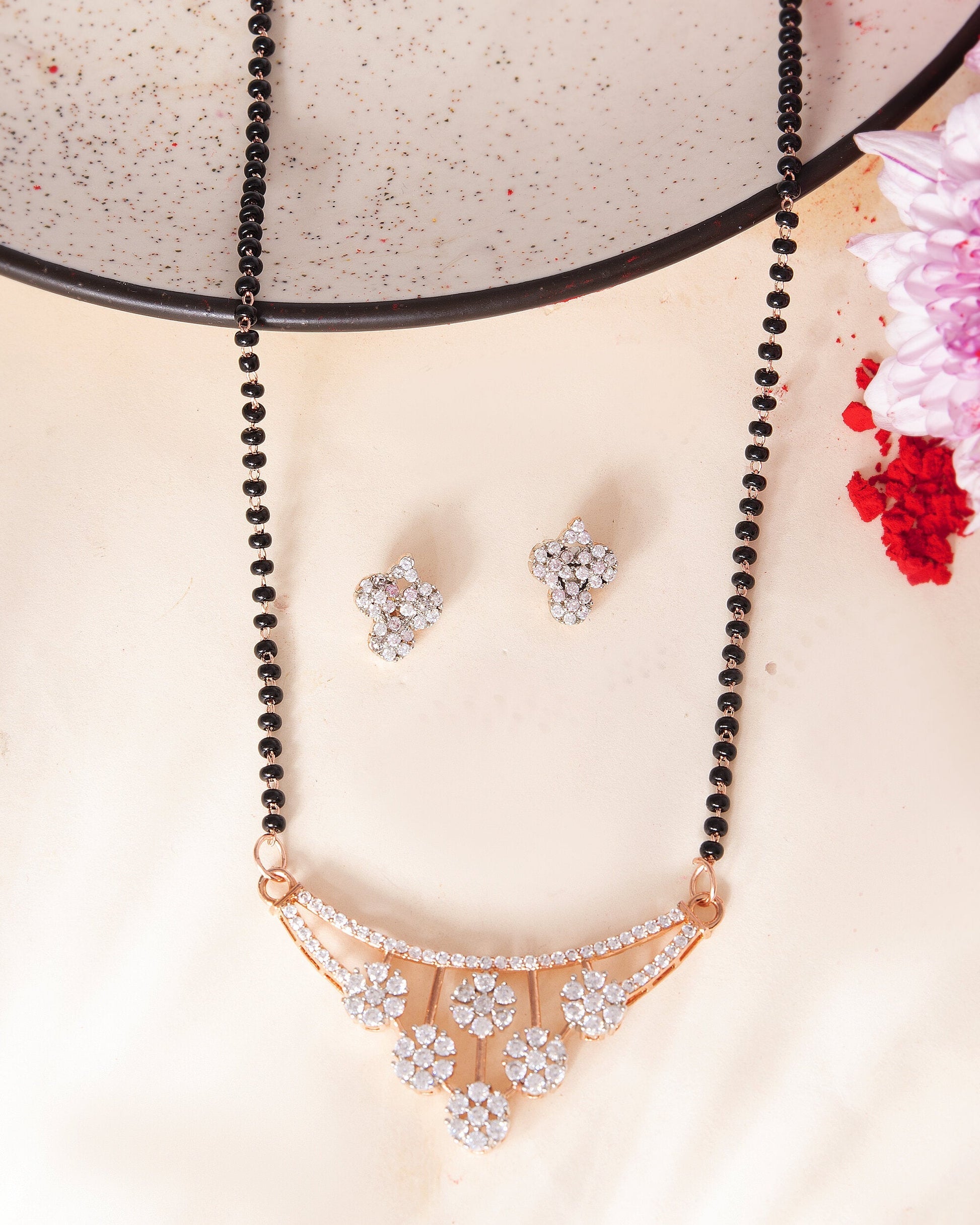 VOJ Rose Gold Toned AD Stone Studded Floral MangalSutra Set 