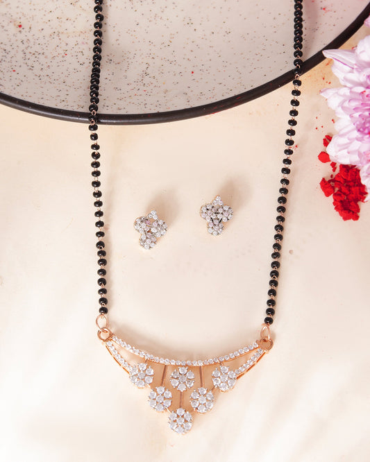 VOJ Rose Gold Toned AD Stone Studded Floral MangalSutra Set 