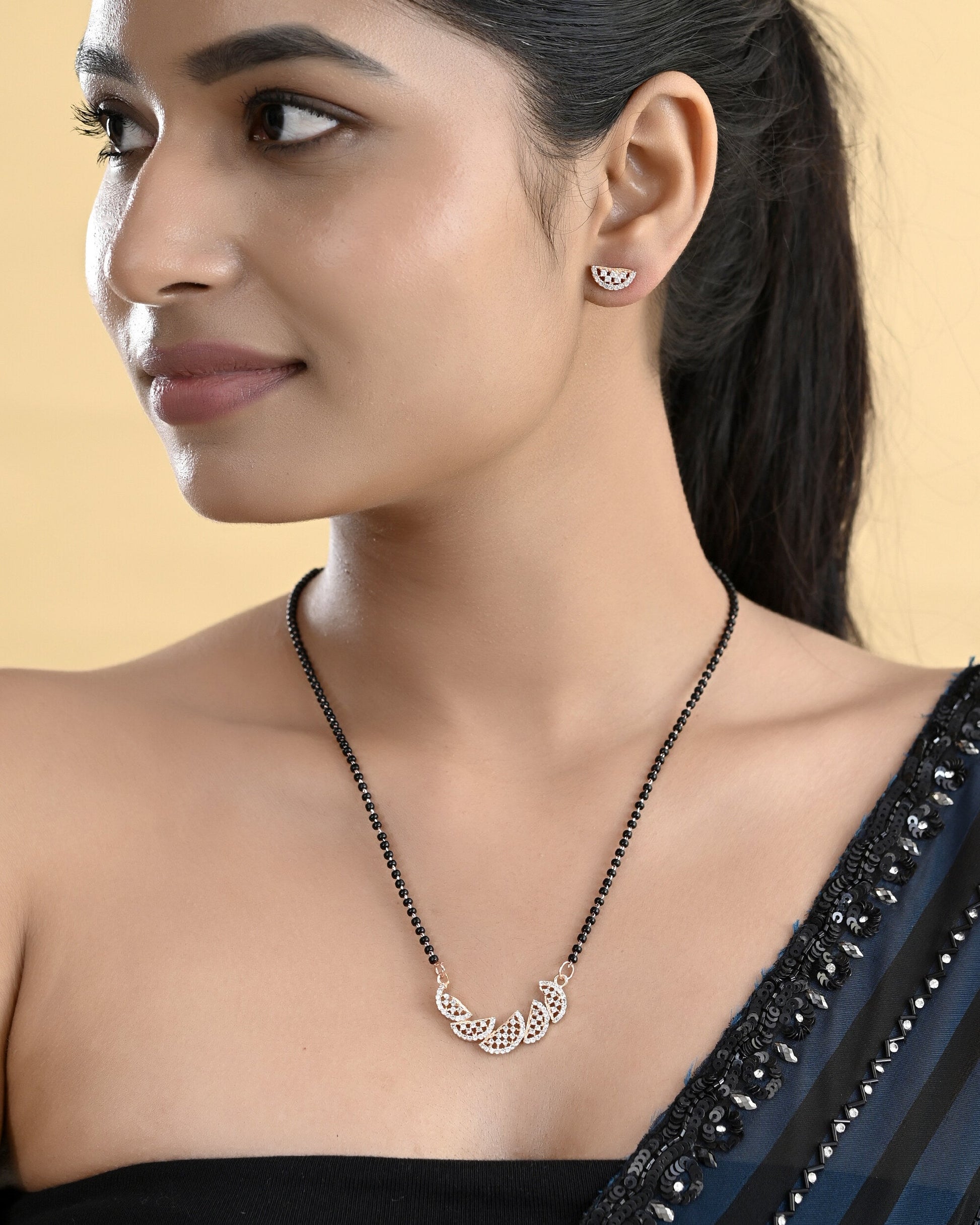 VOJ Rose Gold-Polished Semi Circle Shape AD Mangalsutra Set 