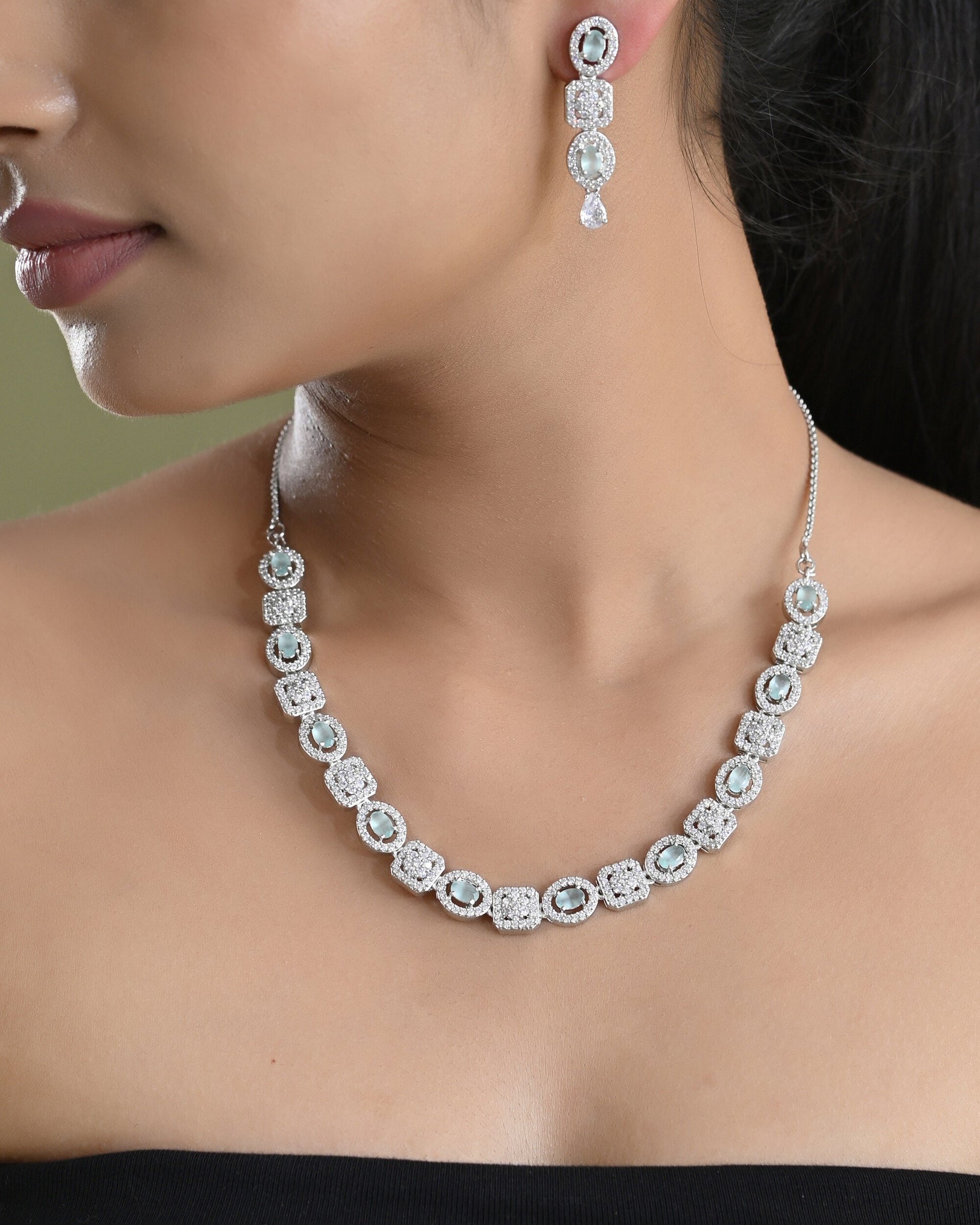 VOJ Silver Plated Mint Green Stone AD Jewellery Set VOJ (Valley Of Jewellery)