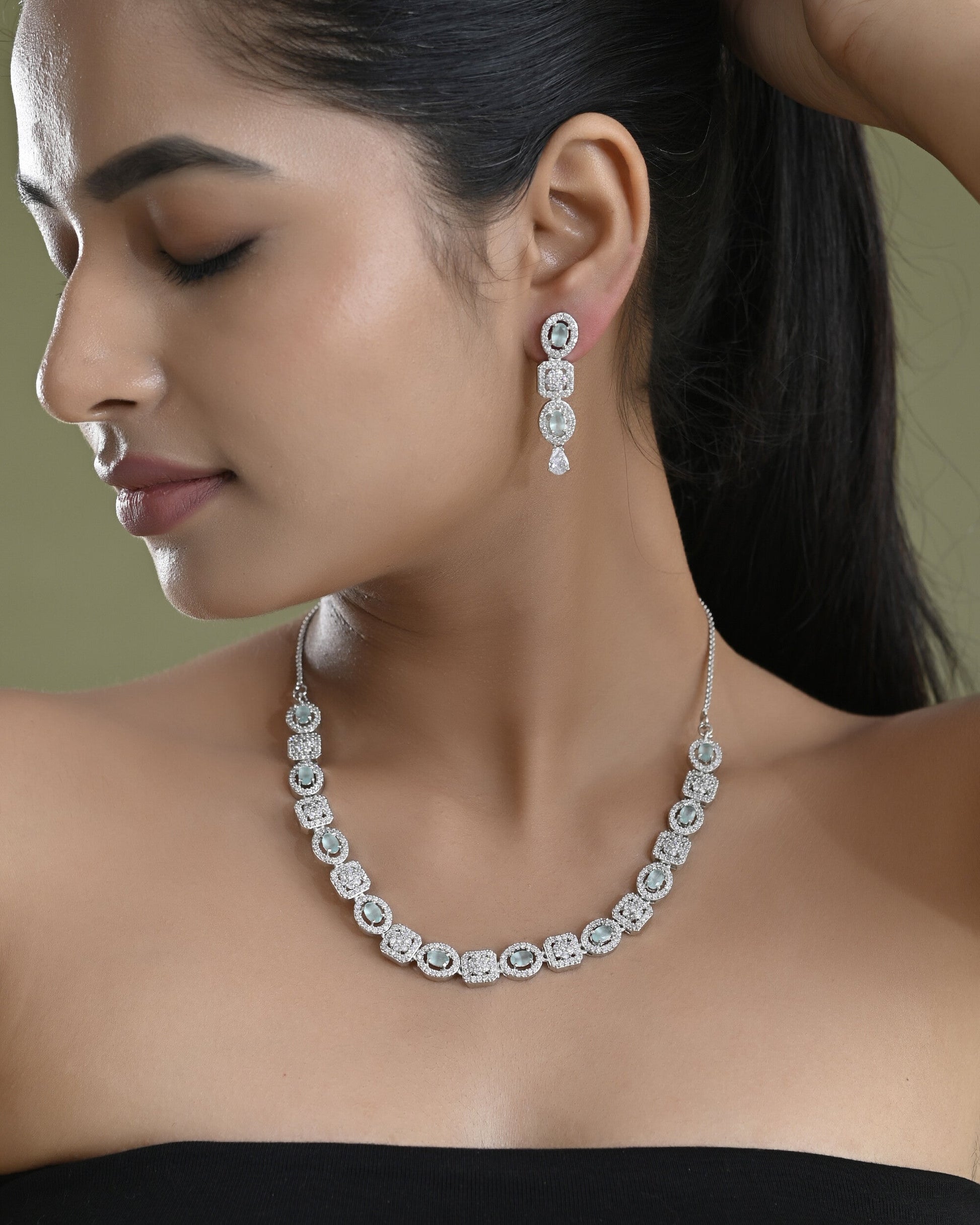 VOJ Silver Plated Mint Green Stone AD Jewellery Set VOJ (Valley Of Jewellery)