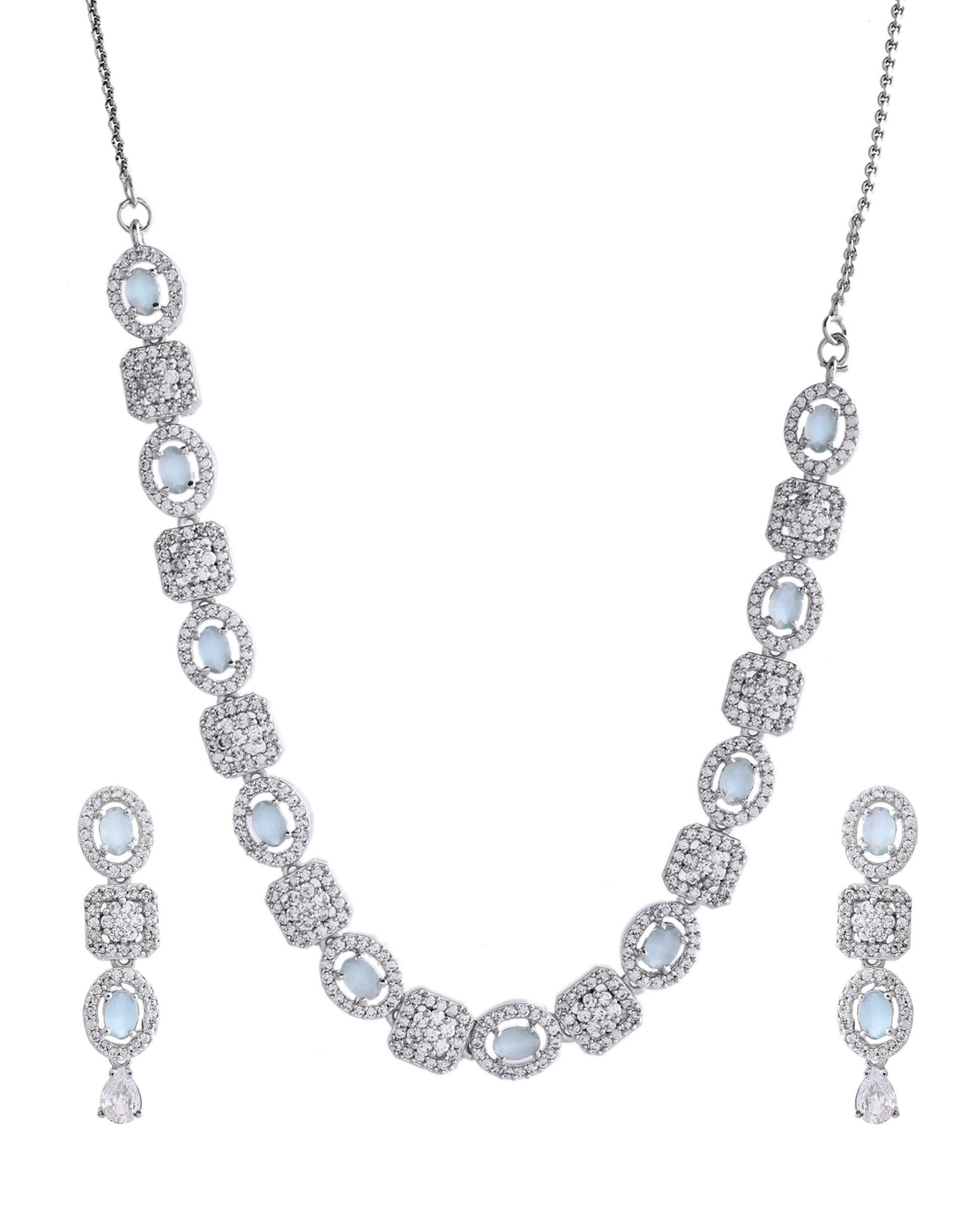 VOJ Silver Plated Mint Green Stone AD Jewellery Set VOJ (Valley Of Jewellery)