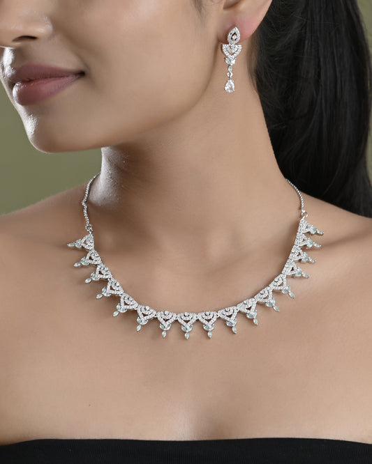 VOJ Silver Plated Mint Green Stone AD Necklace And Earrings Set VOJ (Valley Of Jewellery)