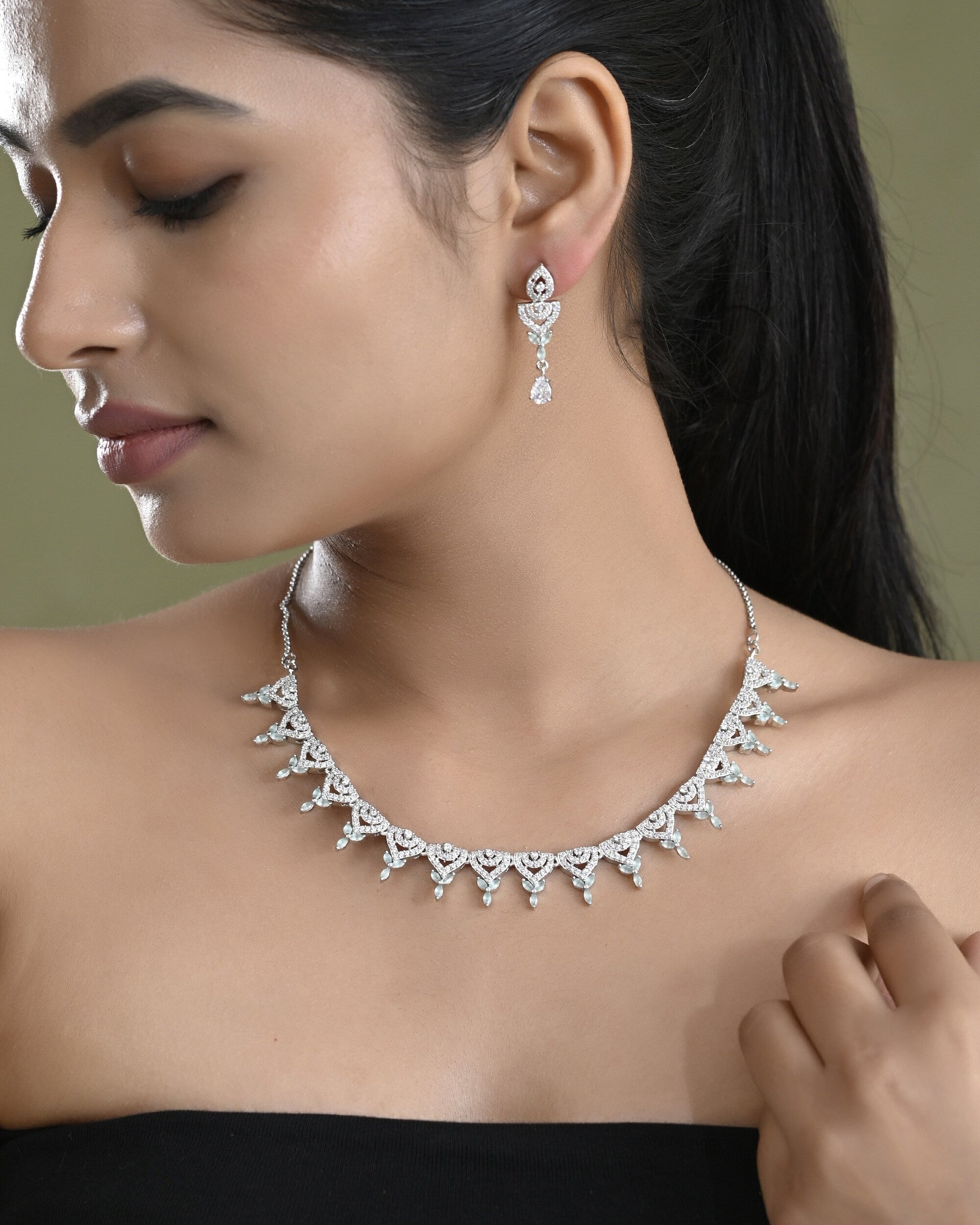 VOJ Silver Plated Mint Green Stone AD Necklace And Earrings Set VOJ (Valley Of Jewellery)