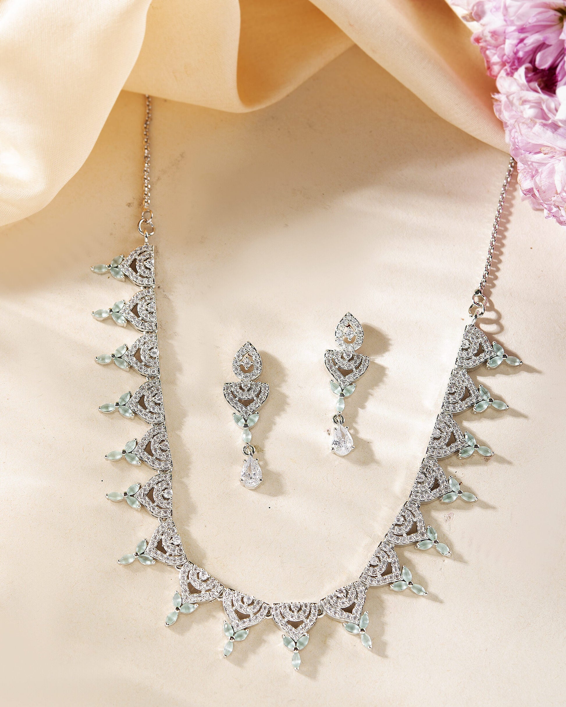 VOJ Silver Plated Mint Green Stone AD Necklace And Earrings Set VOJ (Valley Of Jewellery)