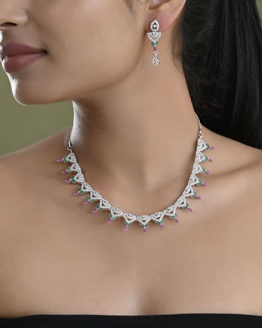 VOJ Silver Plated Green And Pink Stone AD Necklace And Earrings Set VOJ (Valley Of Jewellery)