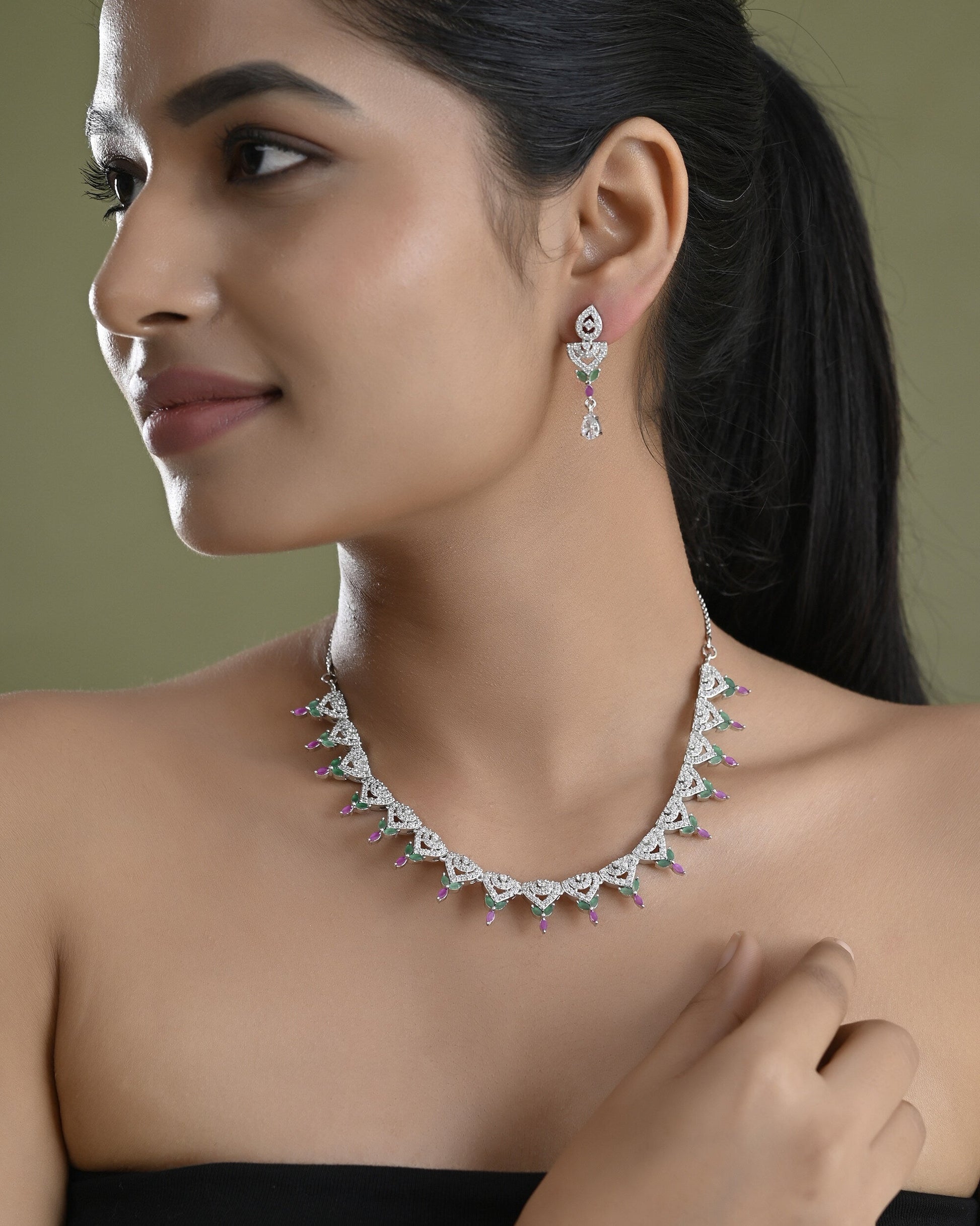 VOJ Silver Plated Green And Pink Stone AD Necklace And Earrings Set VOJ (Valley Of Jewellery)