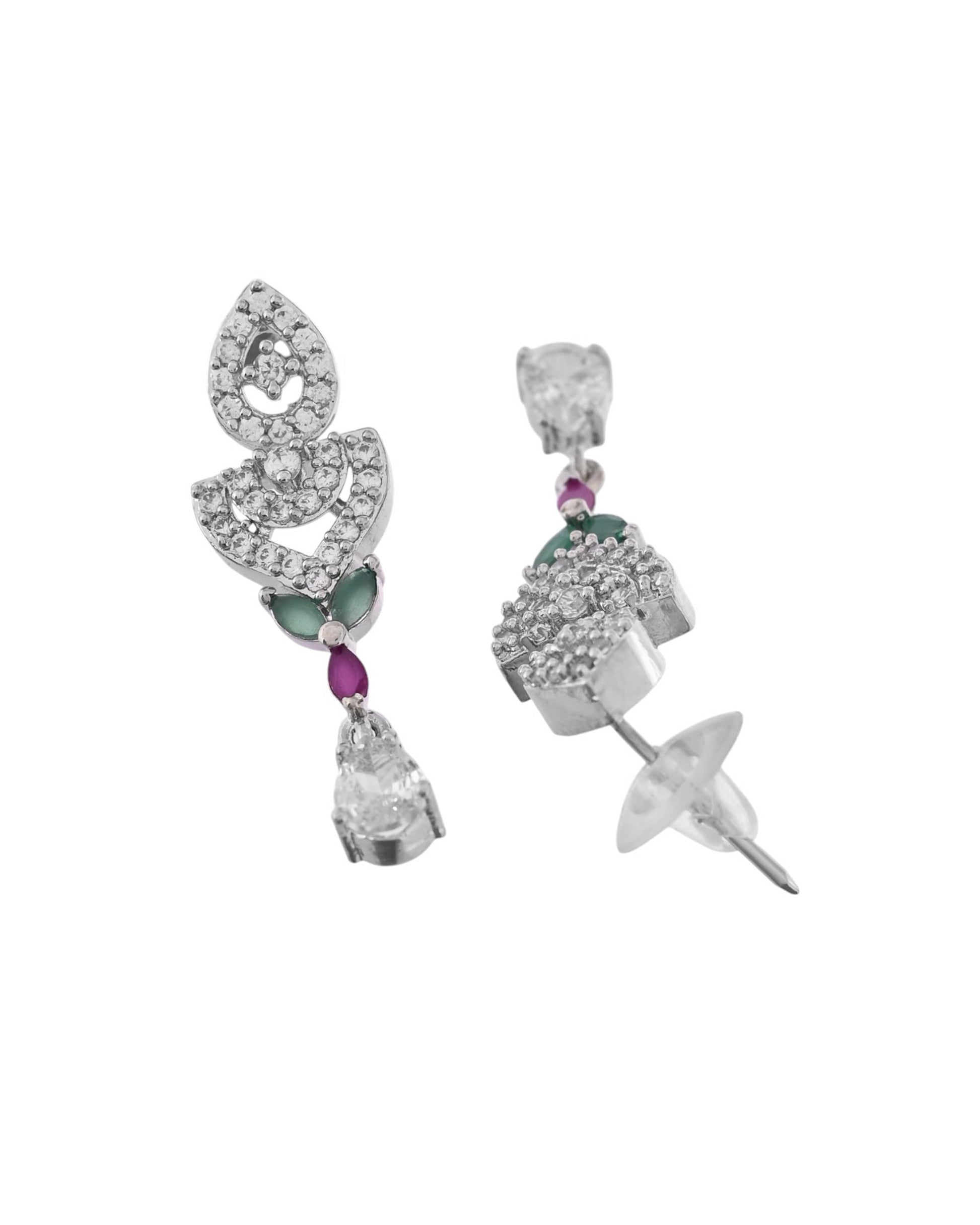 VOJ Silver Plated Green And Pink Stone AD Necklace And Earrings Set VOJ (Valley Of Jewellery)