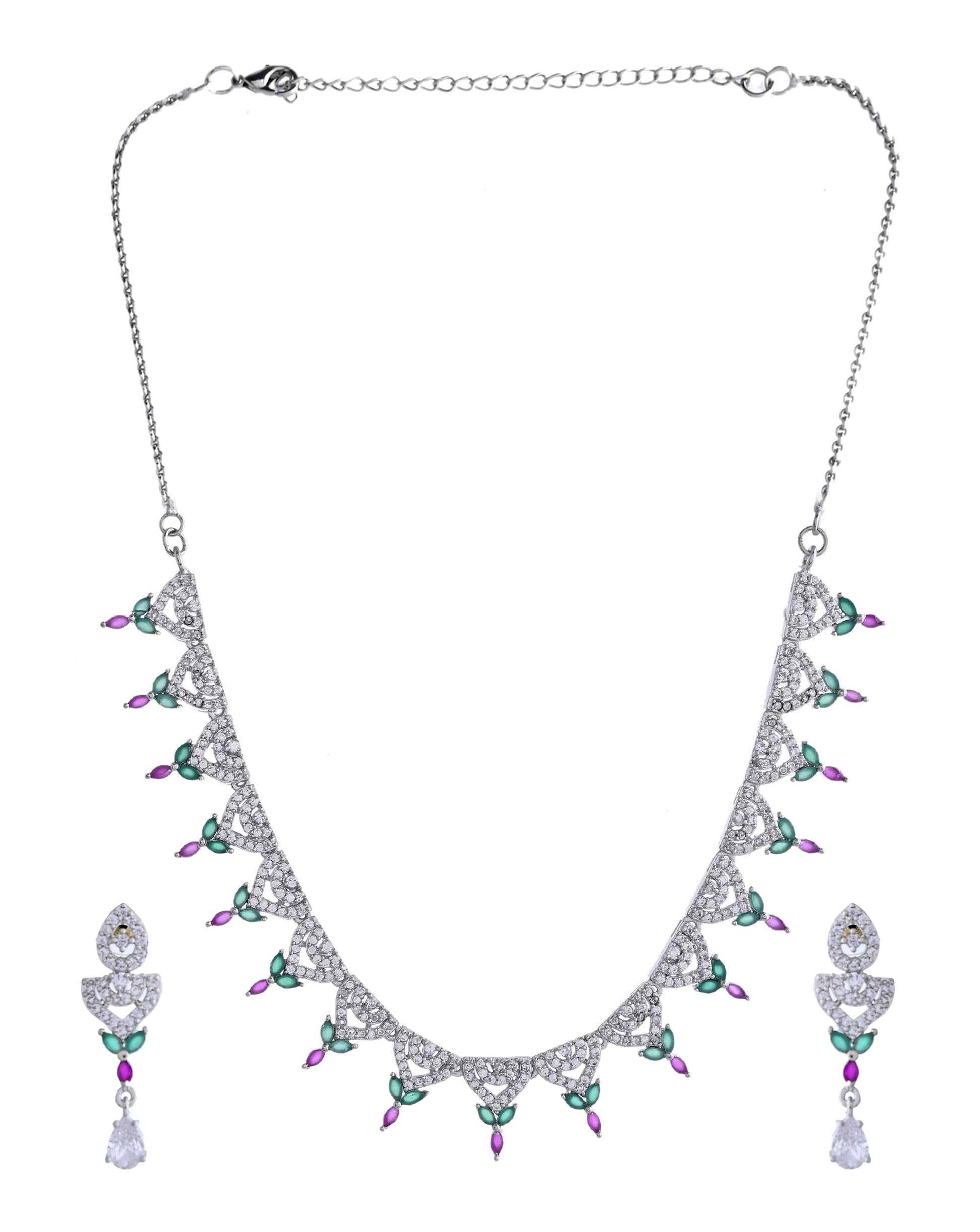 VOJ Silver Plated Green And Pink Stone AD Necklace And Earrings Set VOJ (Valley Of Jewellery)