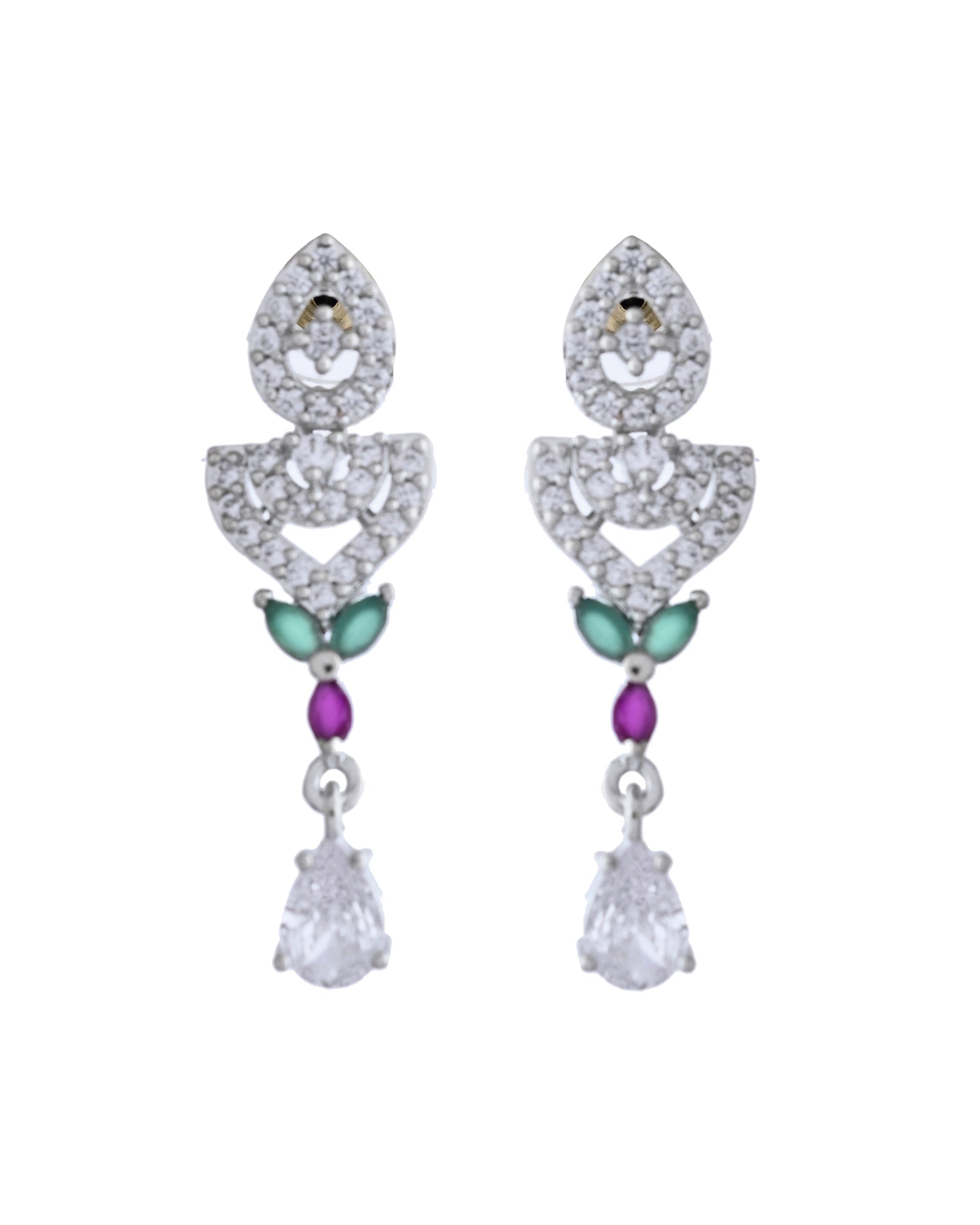 VOJ Silver Plated Green And Pink Stone AD Necklace And Earrings Set VOJ (Valley Of Jewellery)