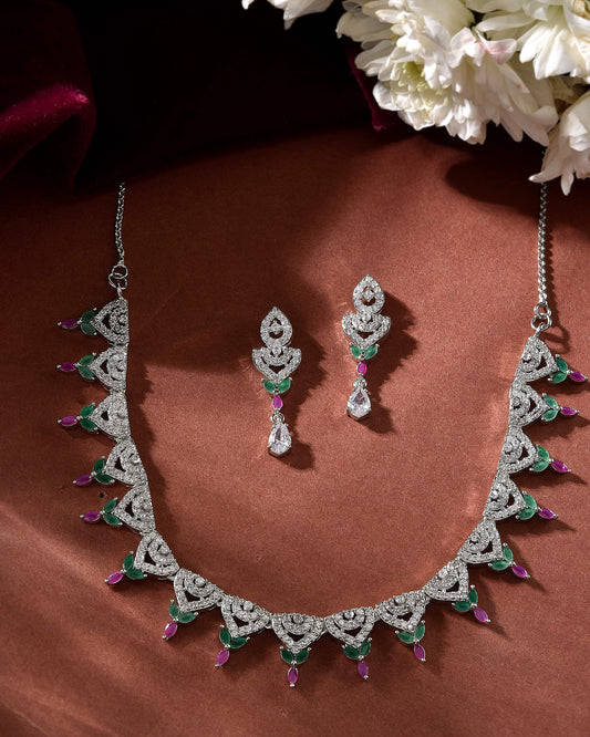 VOJ Silver Plated Green And Pink Stone AD Necklace And Earrings Set VOJ (Valley Of Jewellery)
