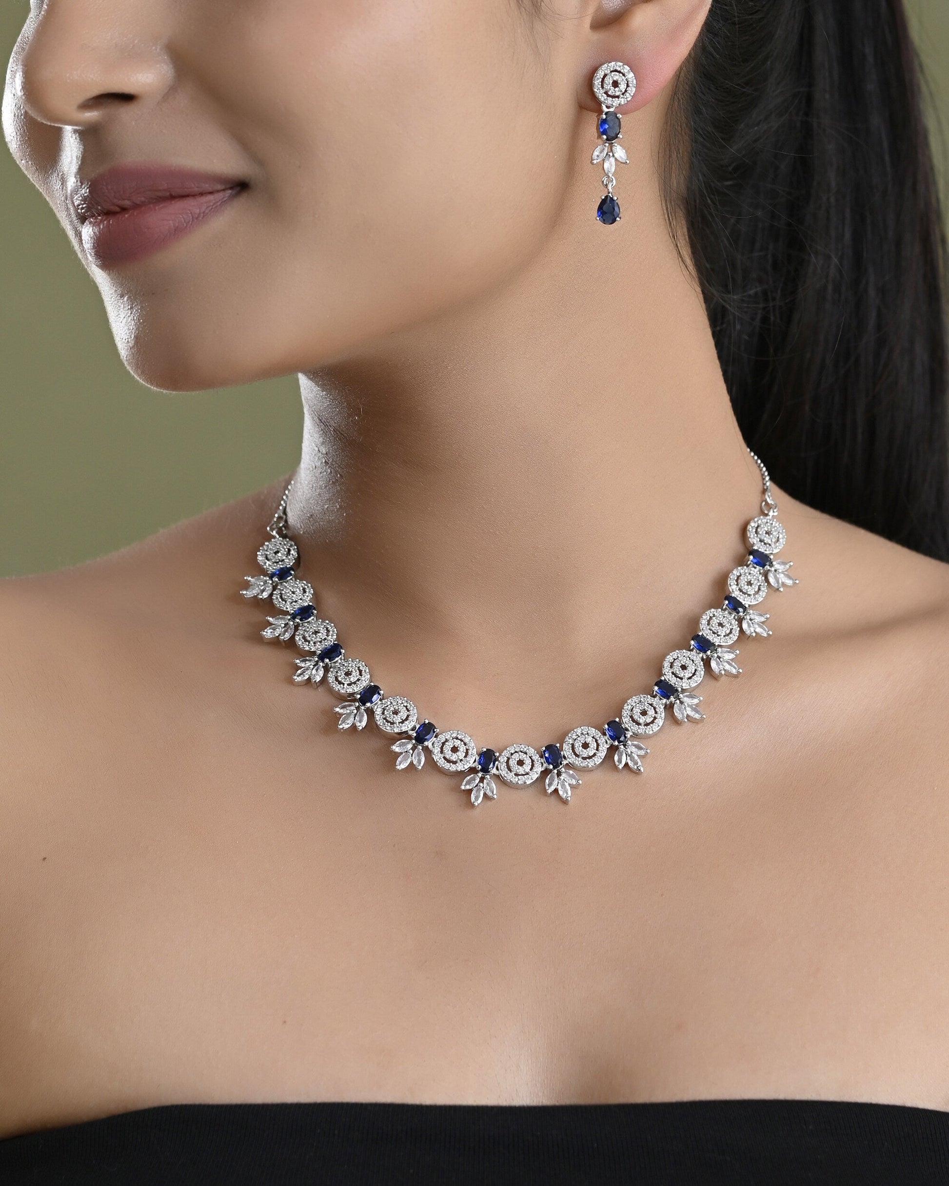 VOJ Silver Plated Dark Blue Stone Circular AD Jewellery Set VOJ (Valley Of Jewellery)