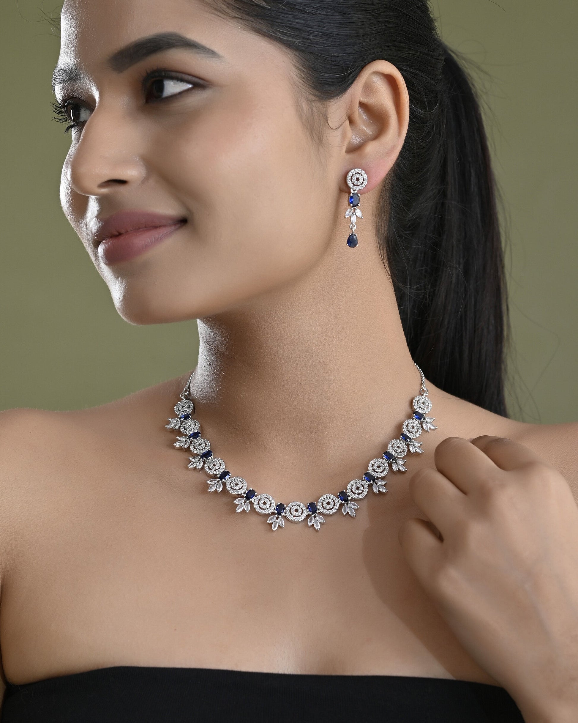 VOJ Silver Plated Dark Blue Stone Circular AD Jewellery Set VOJ (Valley Of Jewellery)