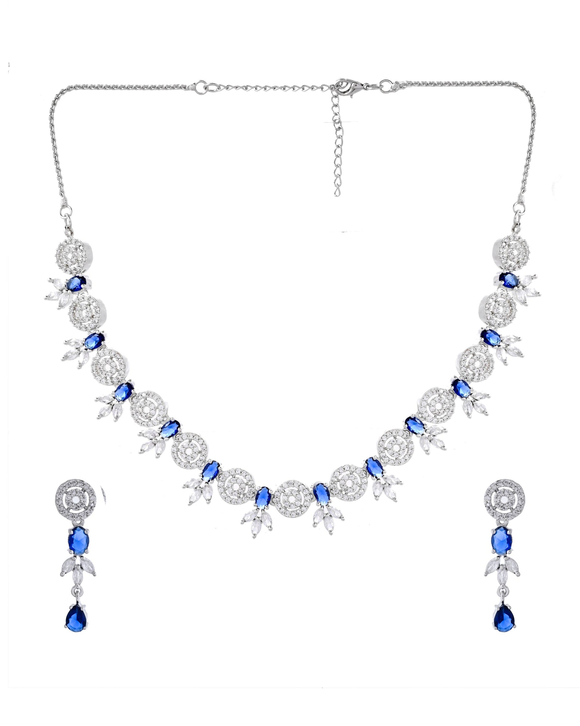 VOJ Silver Plated Dark Blue Stone Circular AD Jewellery Set VOJ (Valley Of Jewellery)