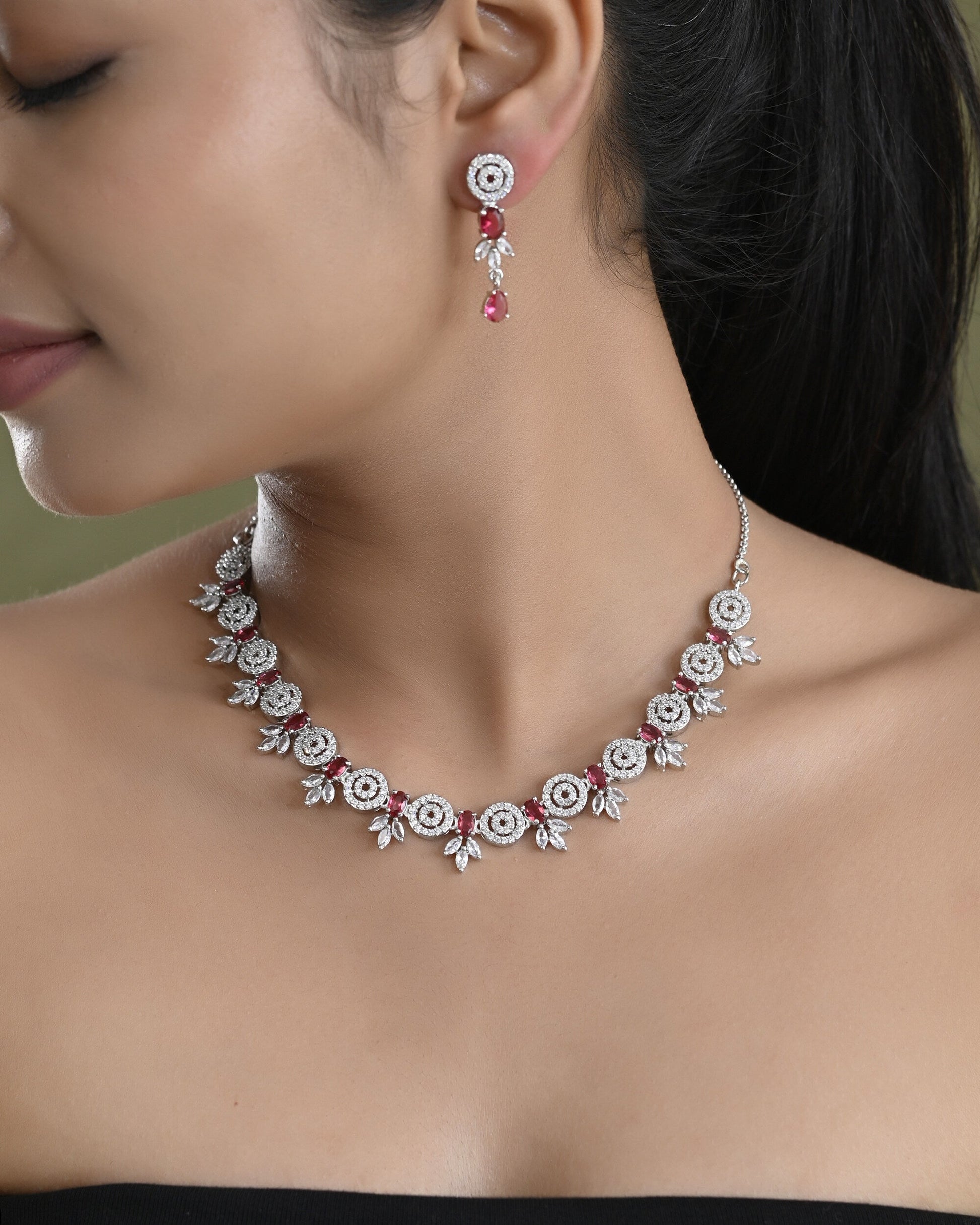 VOJ Silver Plated Pink Stone Circular AD Jewellery Set VOJ (Valley Of Jewellery)