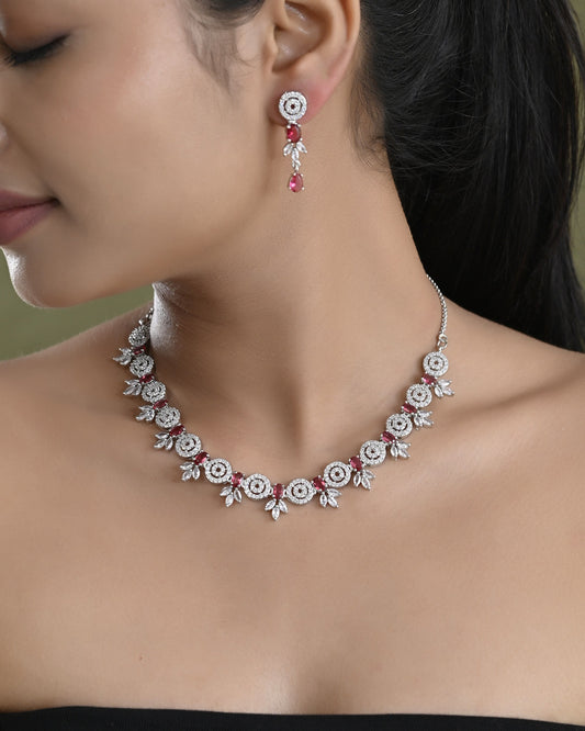 VOJ Silver Plated Pink Stone Circular AD Jewellery Set VOJ (Valley Of Jewellery)