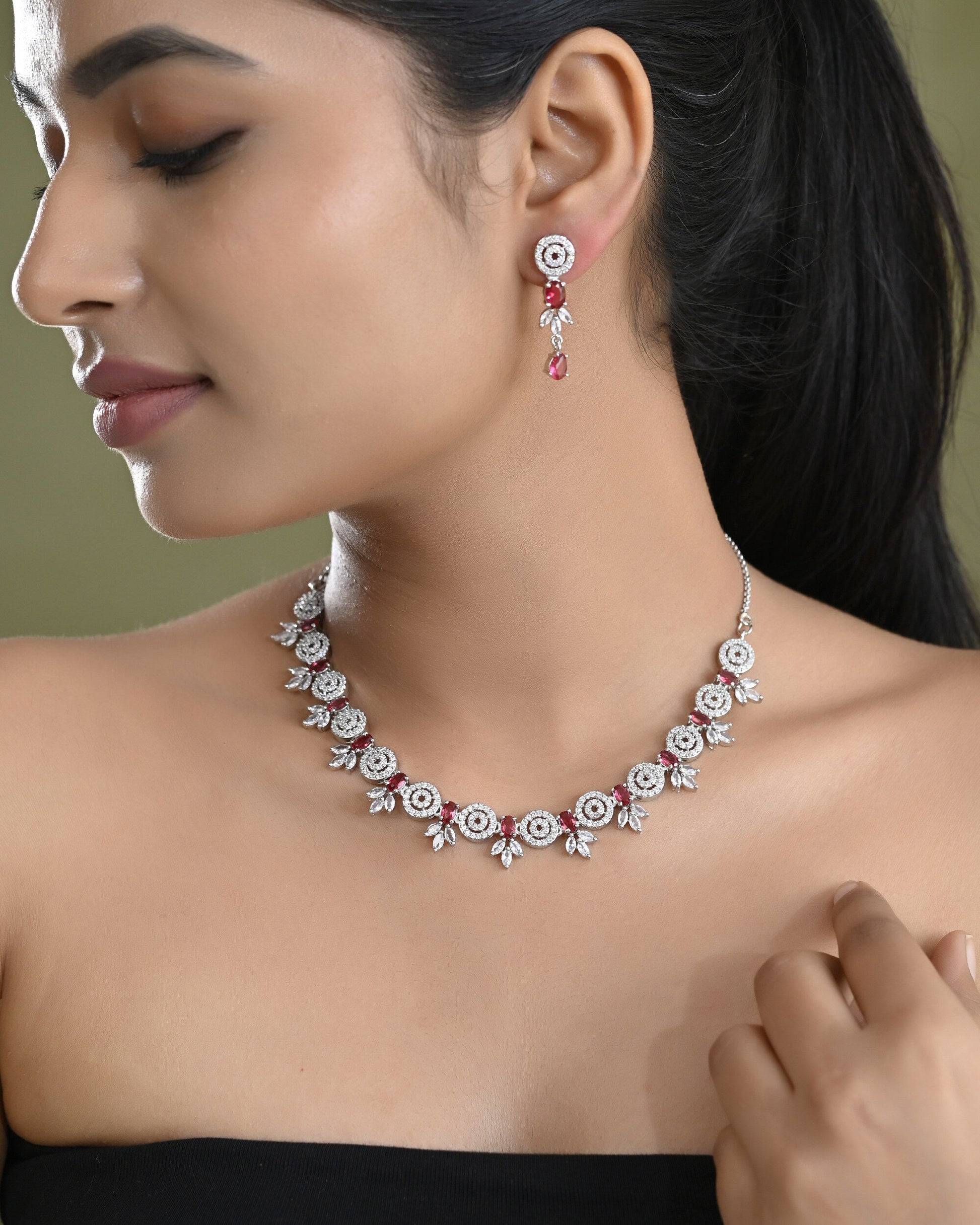 VOJ Silver Plated Pink Stone Circular AD Jewellery Set VOJ (Valley Of Jewellery)