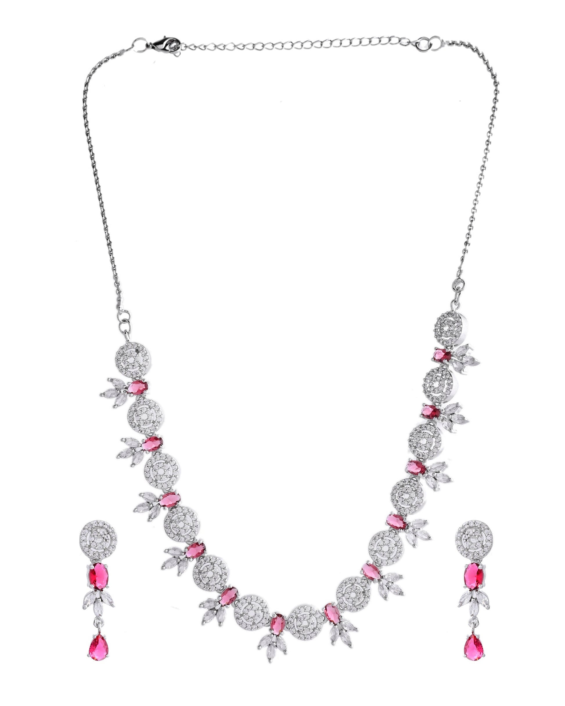VOJ Silver Plated Pink Stone Circular AD Jewellery Set VOJ (Valley Of Jewellery)