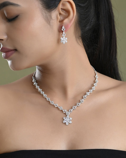 VOJ Silver Plated Floral AD Jewellery Set VOJ (Valley Of Jewellery)