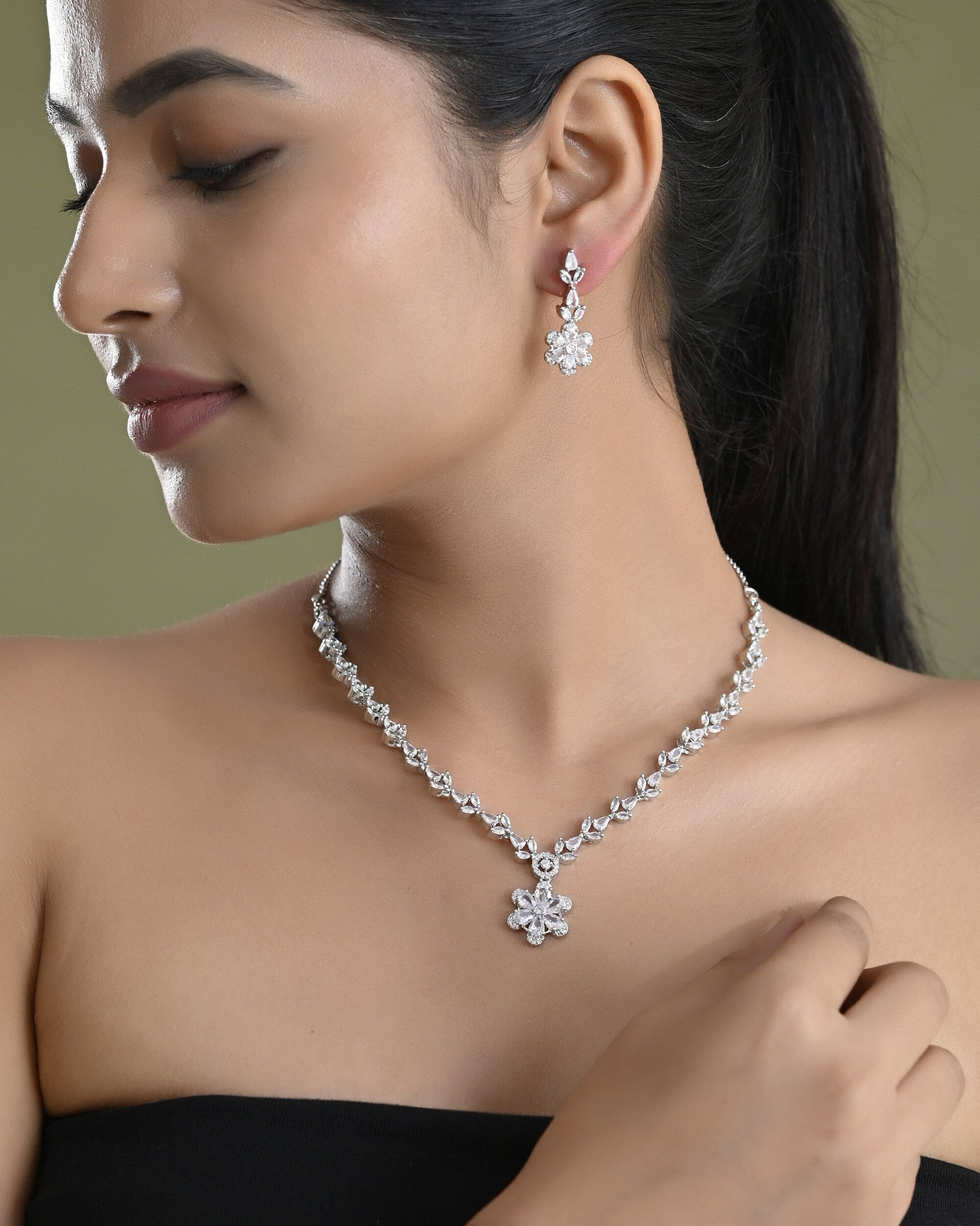 VOJ Silver Plated Floral AD Jewellery Set VOJ (Valley Of Jewellery)