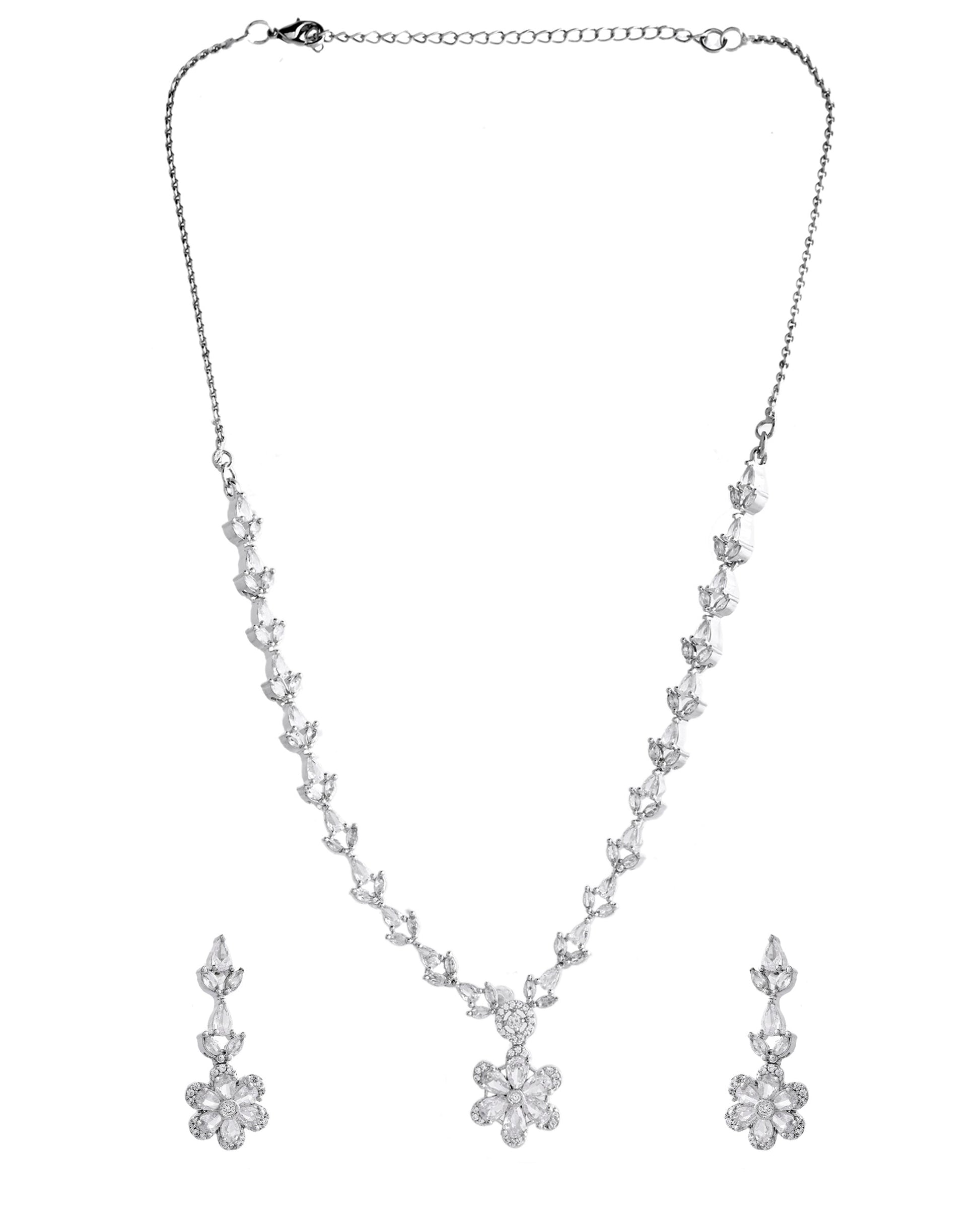 VOJ Silver Plated Floral AD Jewellery Set VOJ (Valley Of Jewellery)