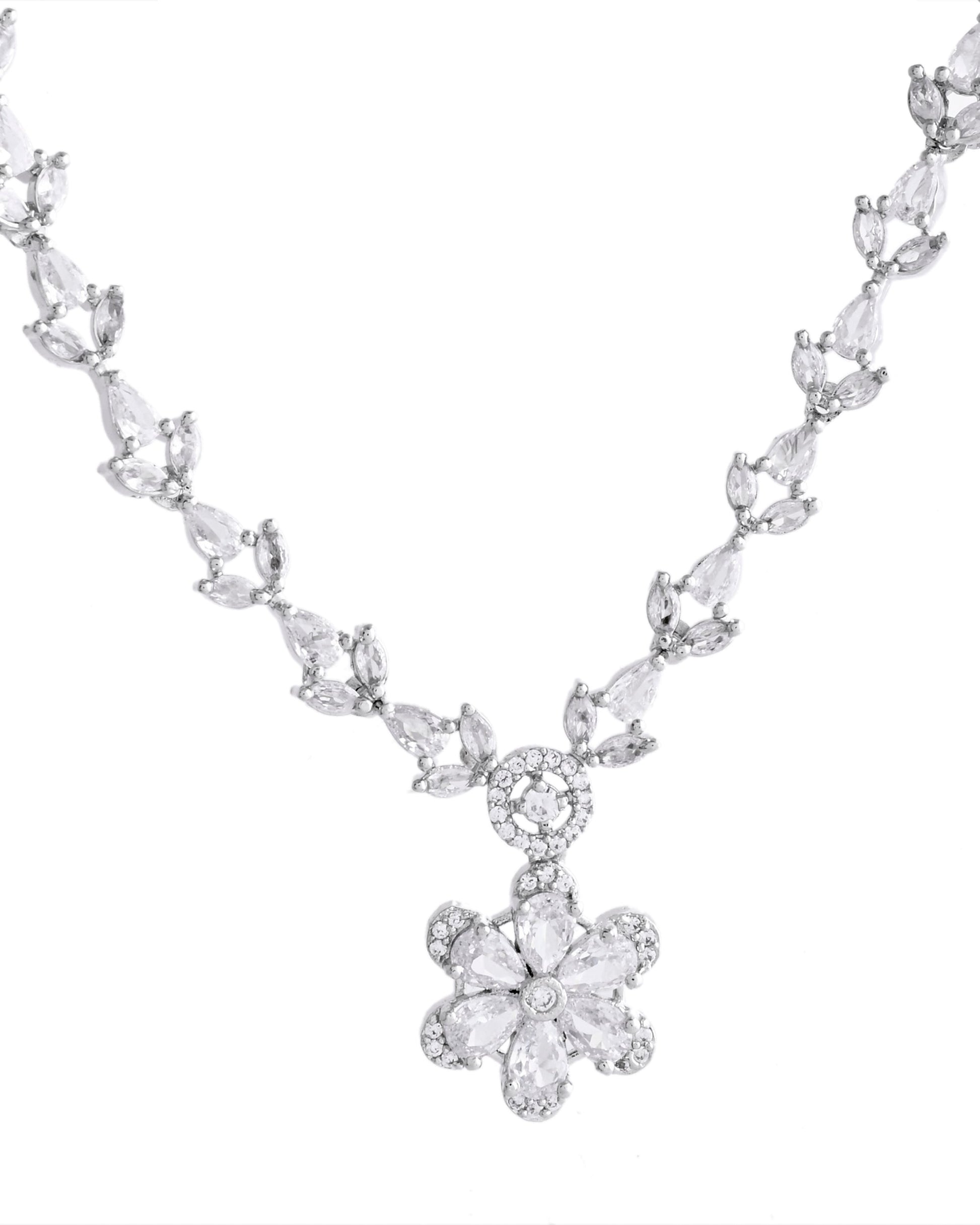 VOJ Silver Plated Floral AD Jewellery Set VOJ (Valley Of Jewellery)