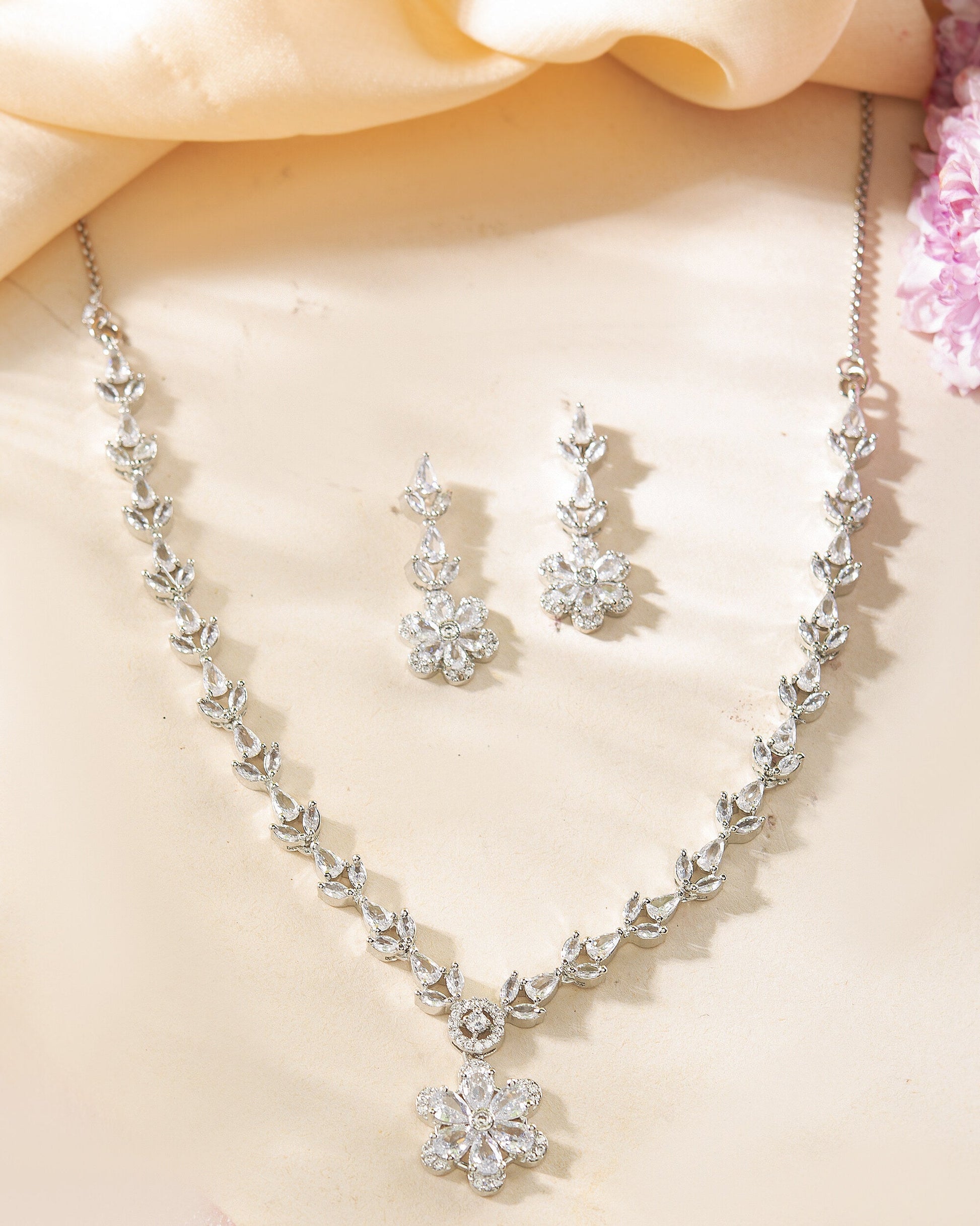 VOJ Silver Plated Floral AD Jewellery Set VOJ (Valley Of Jewellery)