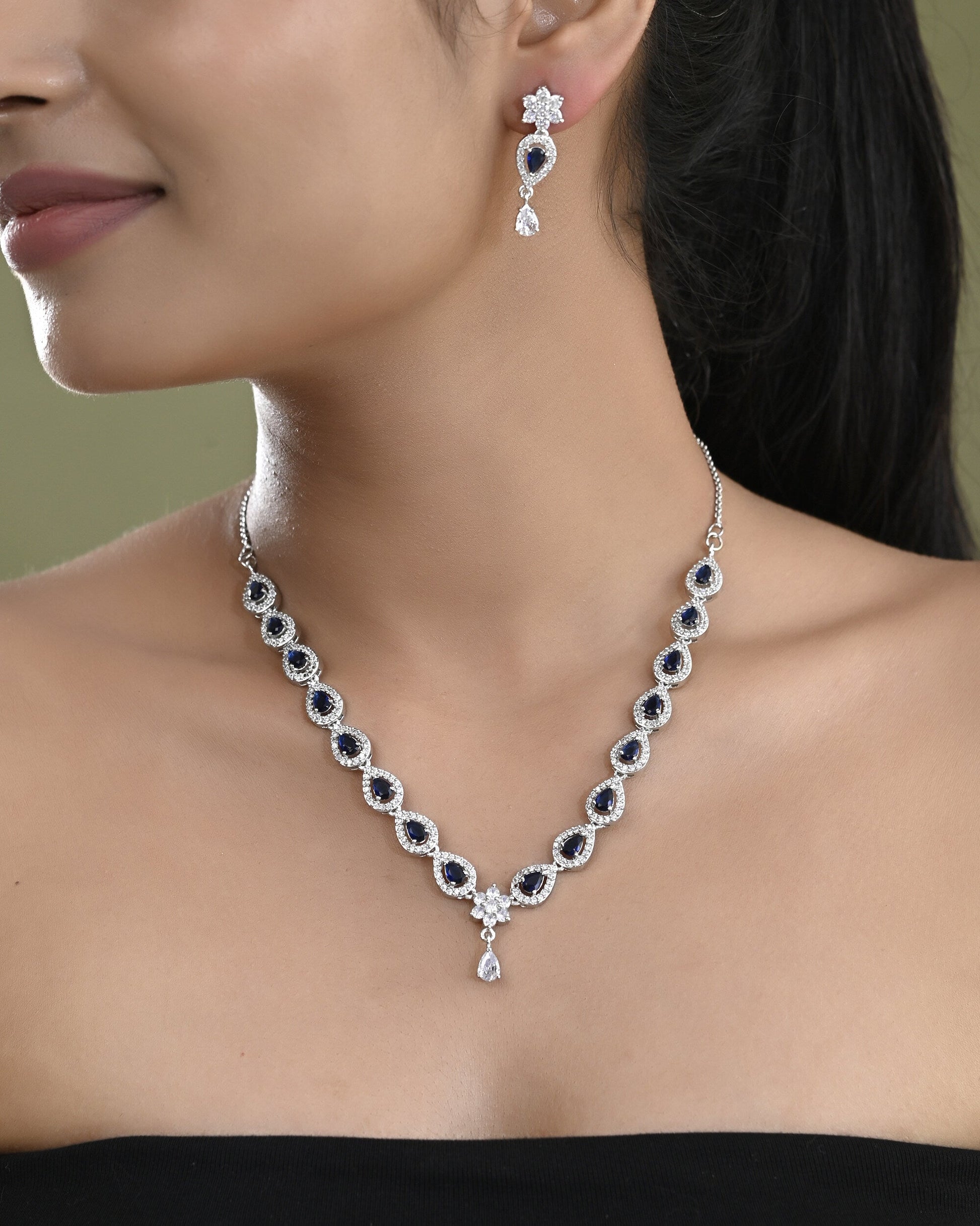 VOJ Silver Plated Dark Stone Tear Drop Shaped AD Jewellery Set VOJ (Valley Of Jewellery)