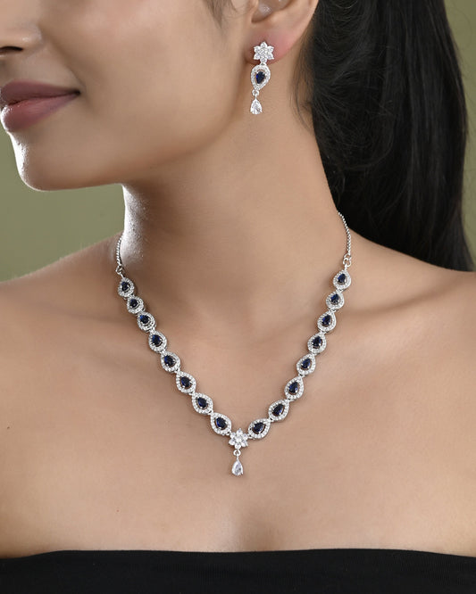 VOJ Silver Plated Dark Stone Tear Drop Shaped AD Jewellery Set VOJ (Valley Of Jewellery)