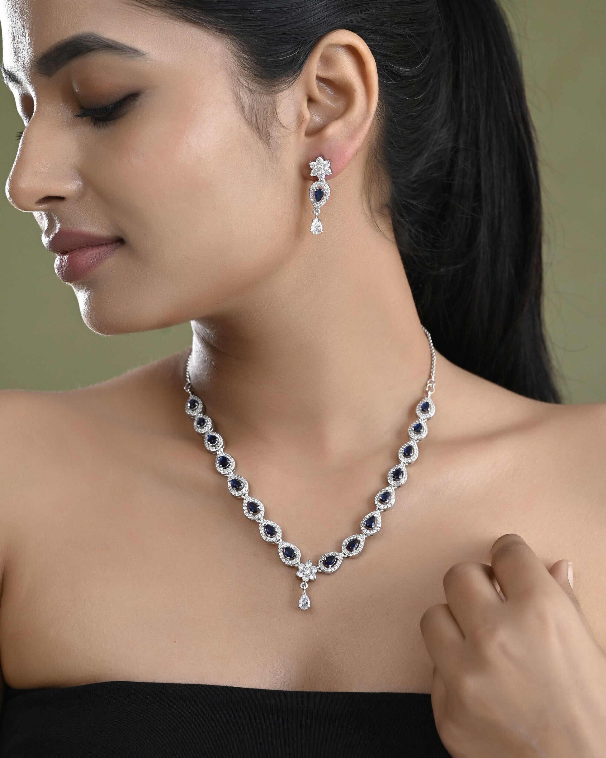 VOJ Silver Plated Dark Stone Tear Drop Shaped AD Jewellery Set VOJ (Valley Of Jewellery)