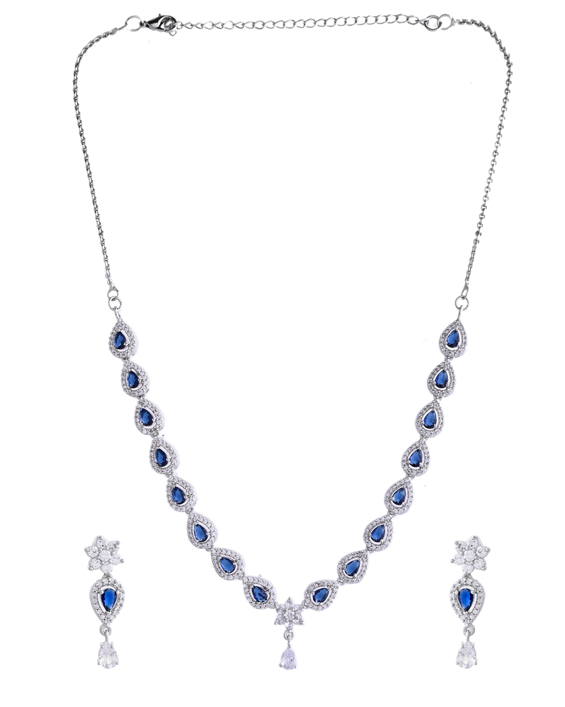 VOJ Silver Plated Dark Stone Tear Drop Shaped AD Jewellery Set VOJ (Valley Of Jewellery)