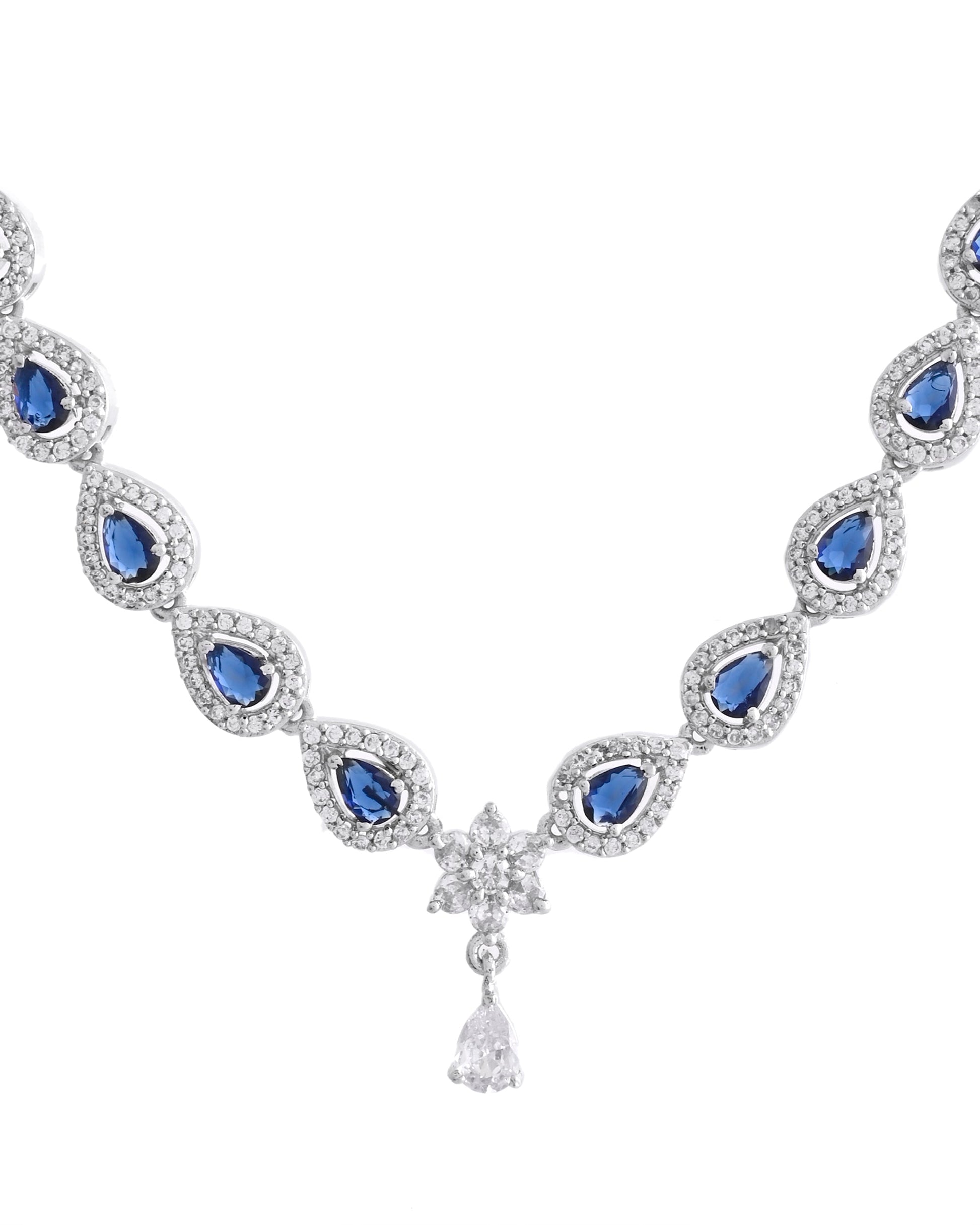 VOJ Silver Plated Dark Stone Tear Drop Shaped AD Jewellery Set VOJ (Valley Of Jewellery)