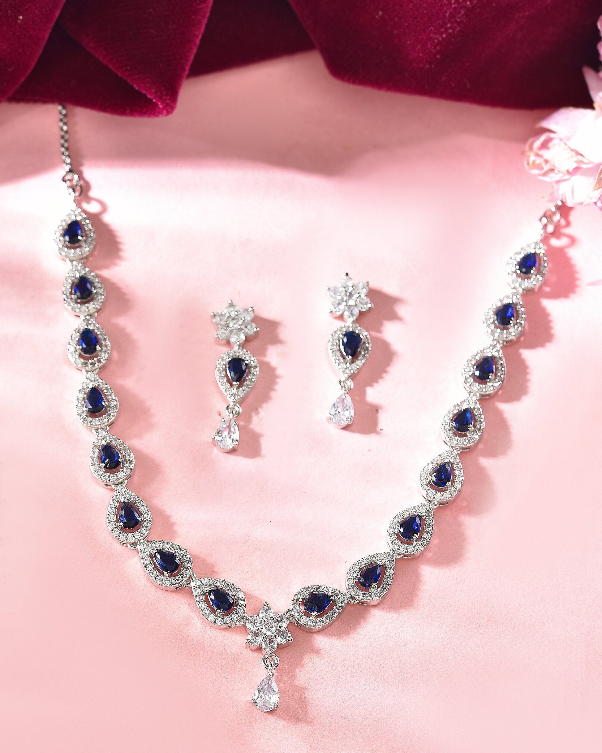 VOJ Silver Plated Dark Stone Tear Drop Shaped AD Jewellery Set VOJ (Valley Of Jewellery)