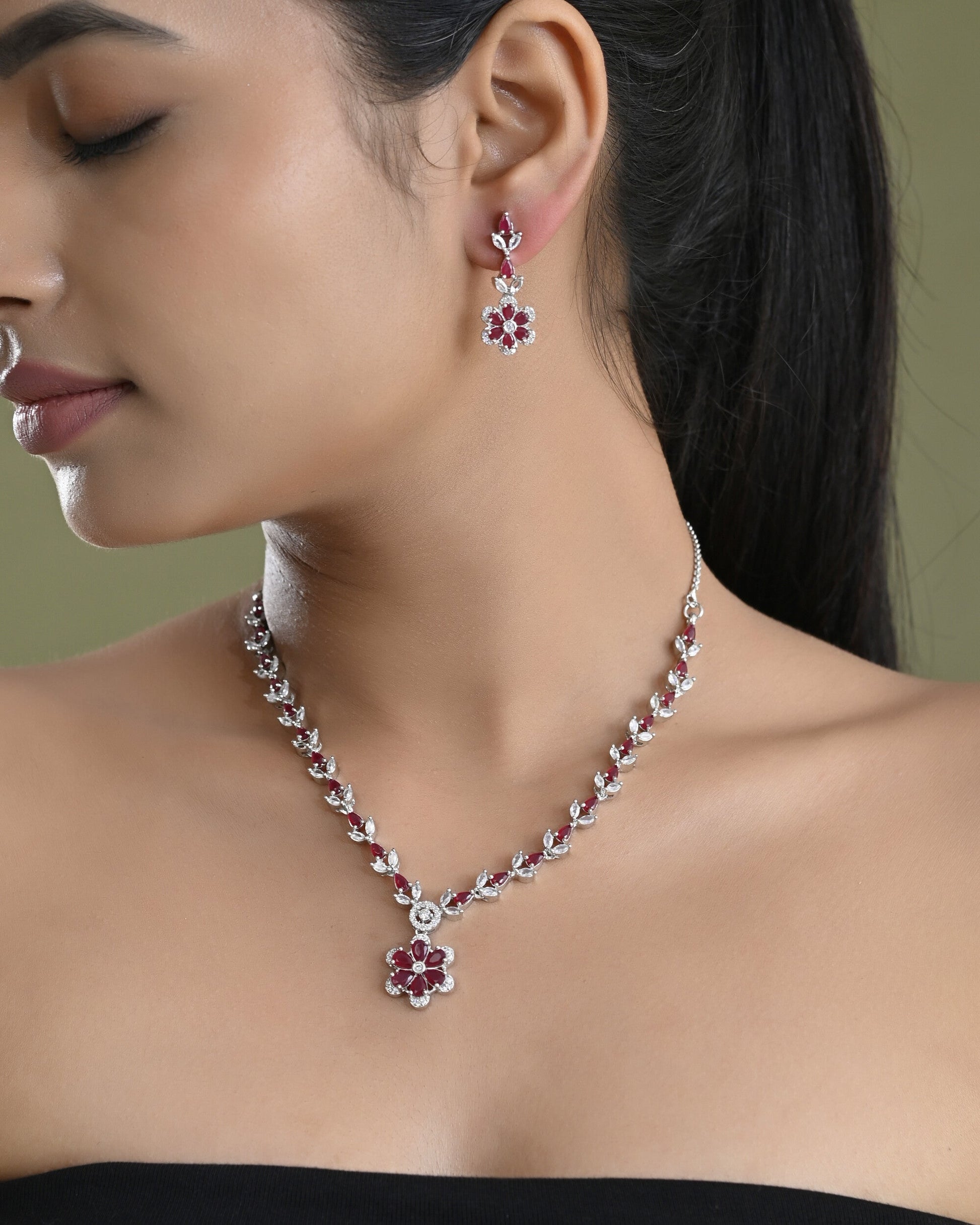 VOJ Silver Plated Marron Stone Floral AD Jewellery Set VOJ (Valley Of Jewellery)