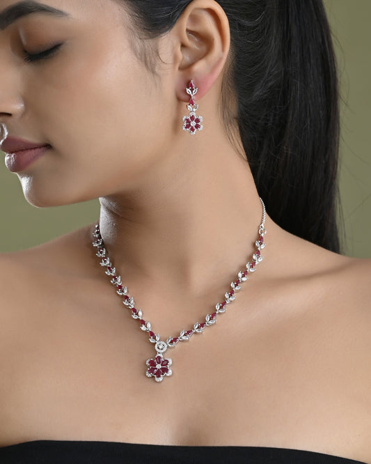 VOJ Silver Plated Marron Stone Floral AD Jewellery Set VOJ (Valley Of Jewellery)