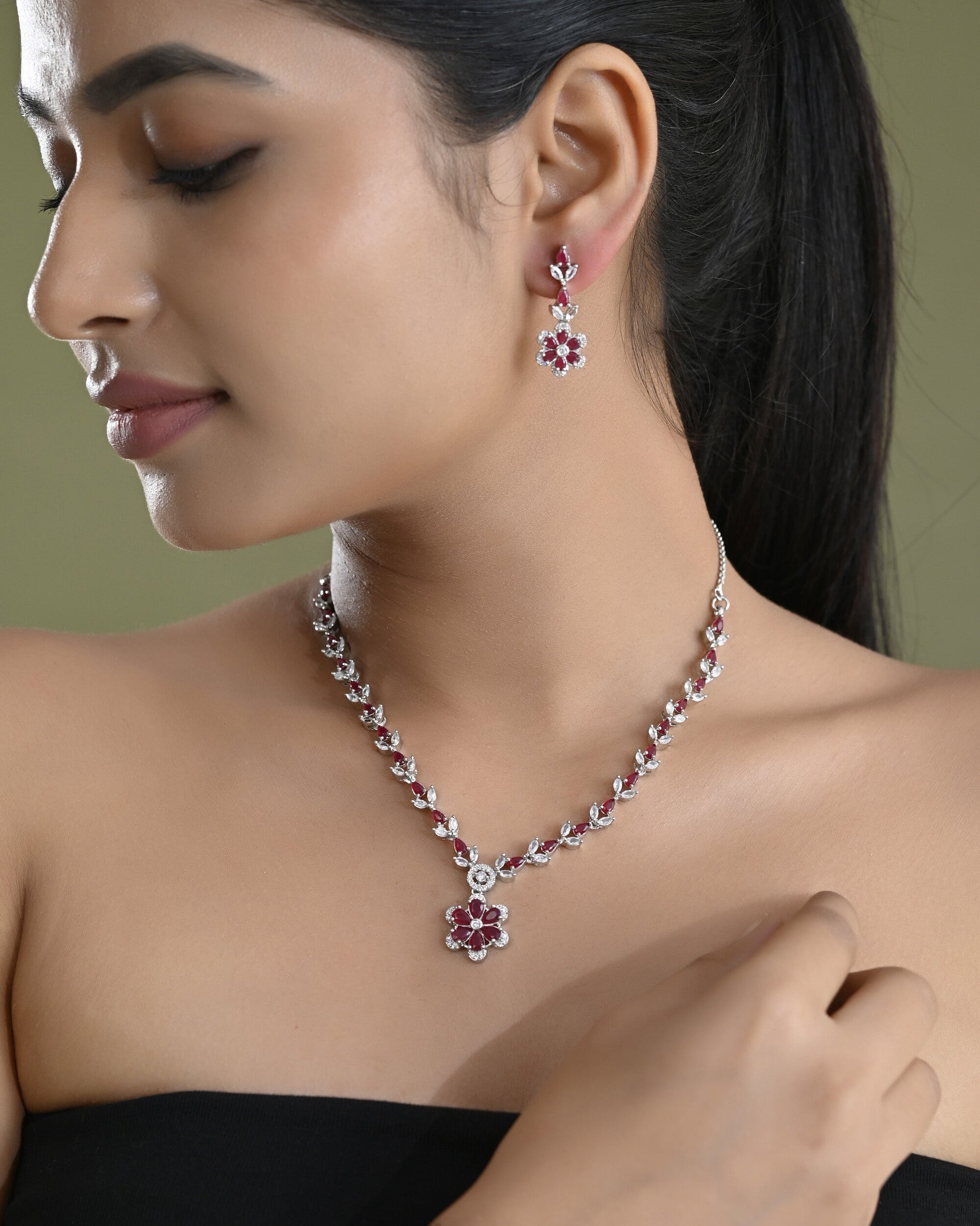 VOJ Silver Plated Marron Stone Floral AD Jewellery Set VOJ (Valley Of Jewellery)