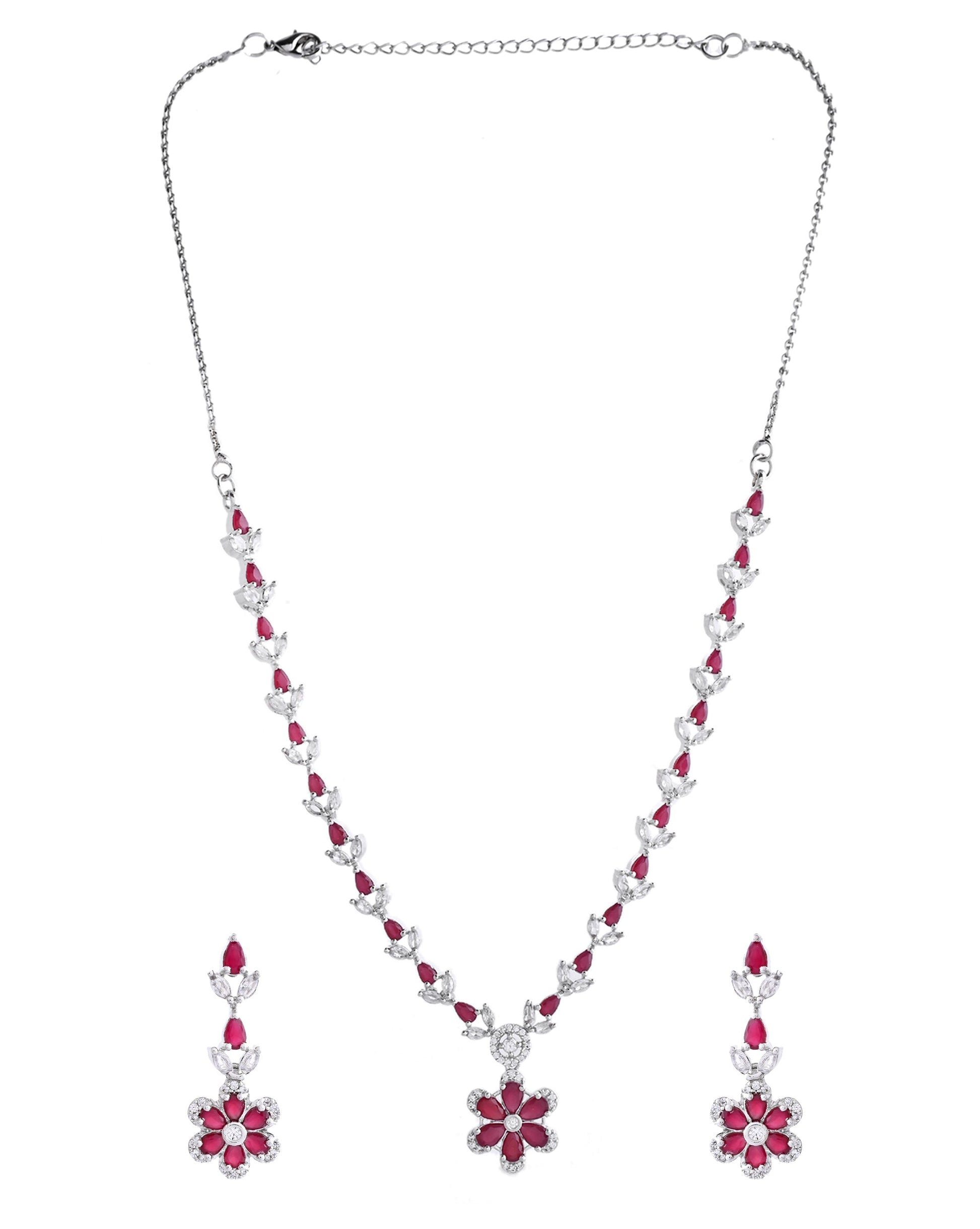 VOJ Silver Plated Marron Stone Floral AD Jewellery Set VOJ (Valley Of Jewellery)