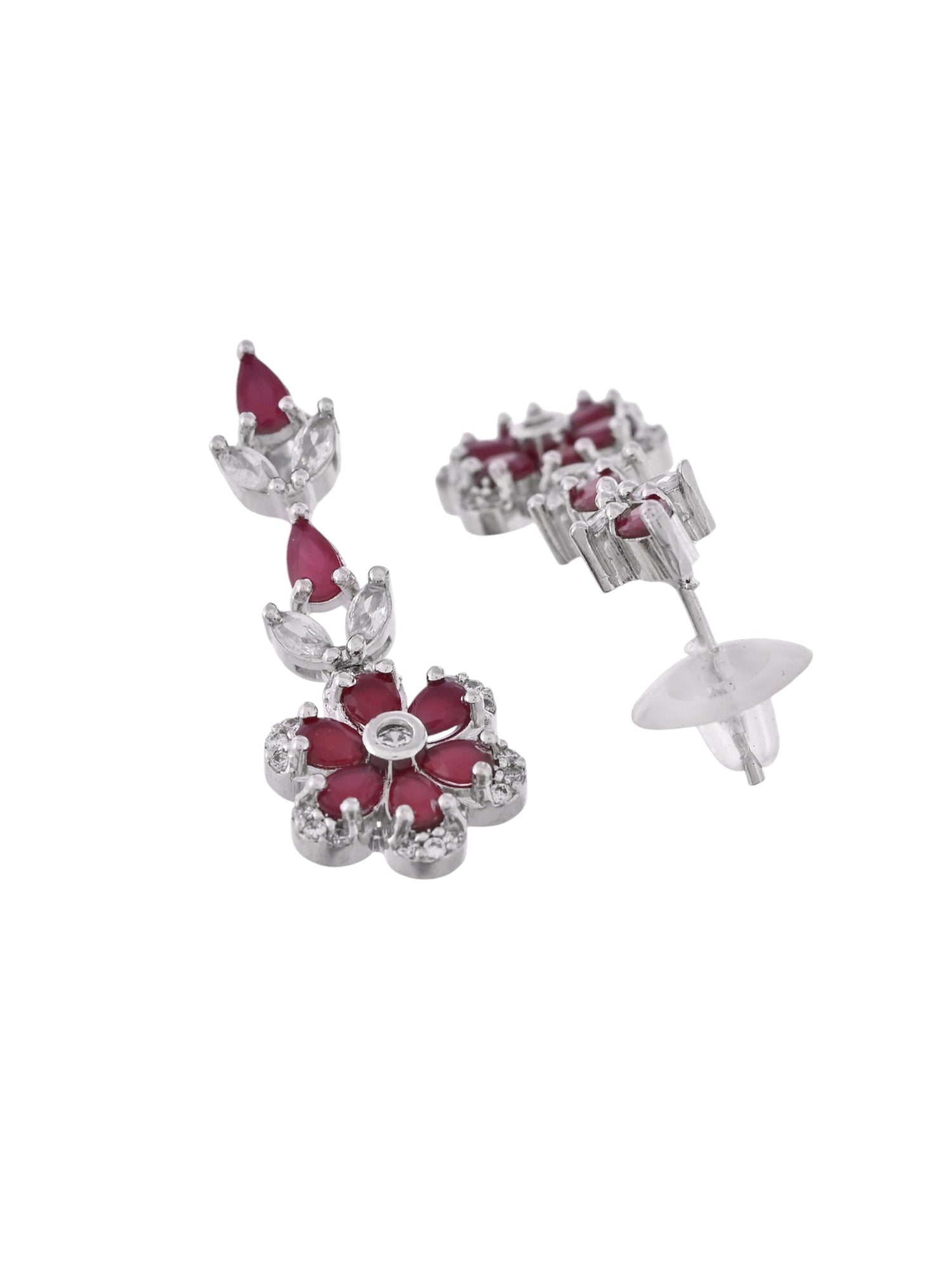 VOJ Silver Plated Marron Stone Floral AD Jewellery Set VOJ (Valley Of Jewellery)