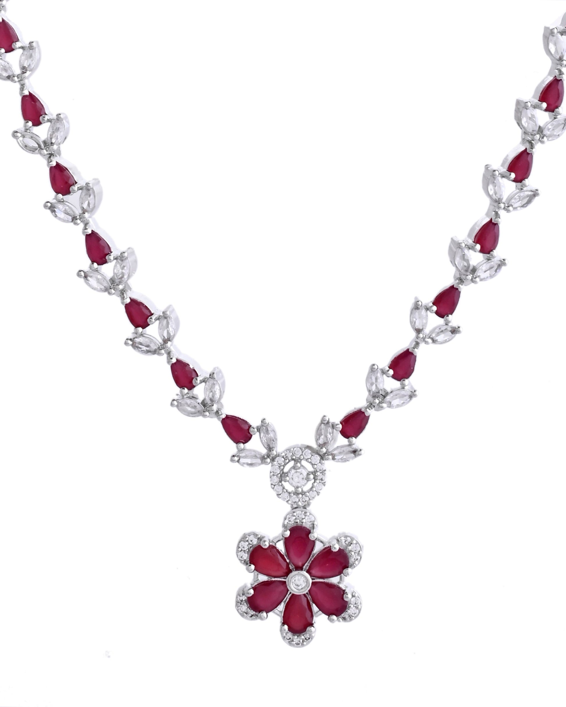 VOJ Silver Plated Marron Stone Floral AD Jewellery Set VOJ (Valley Of Jewellery)