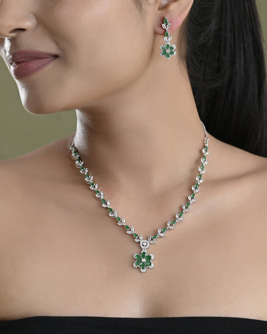 VOJ Silver Plated Green Stone Floral AD Jewellery Set VOJ (Valley Of Jewellery)