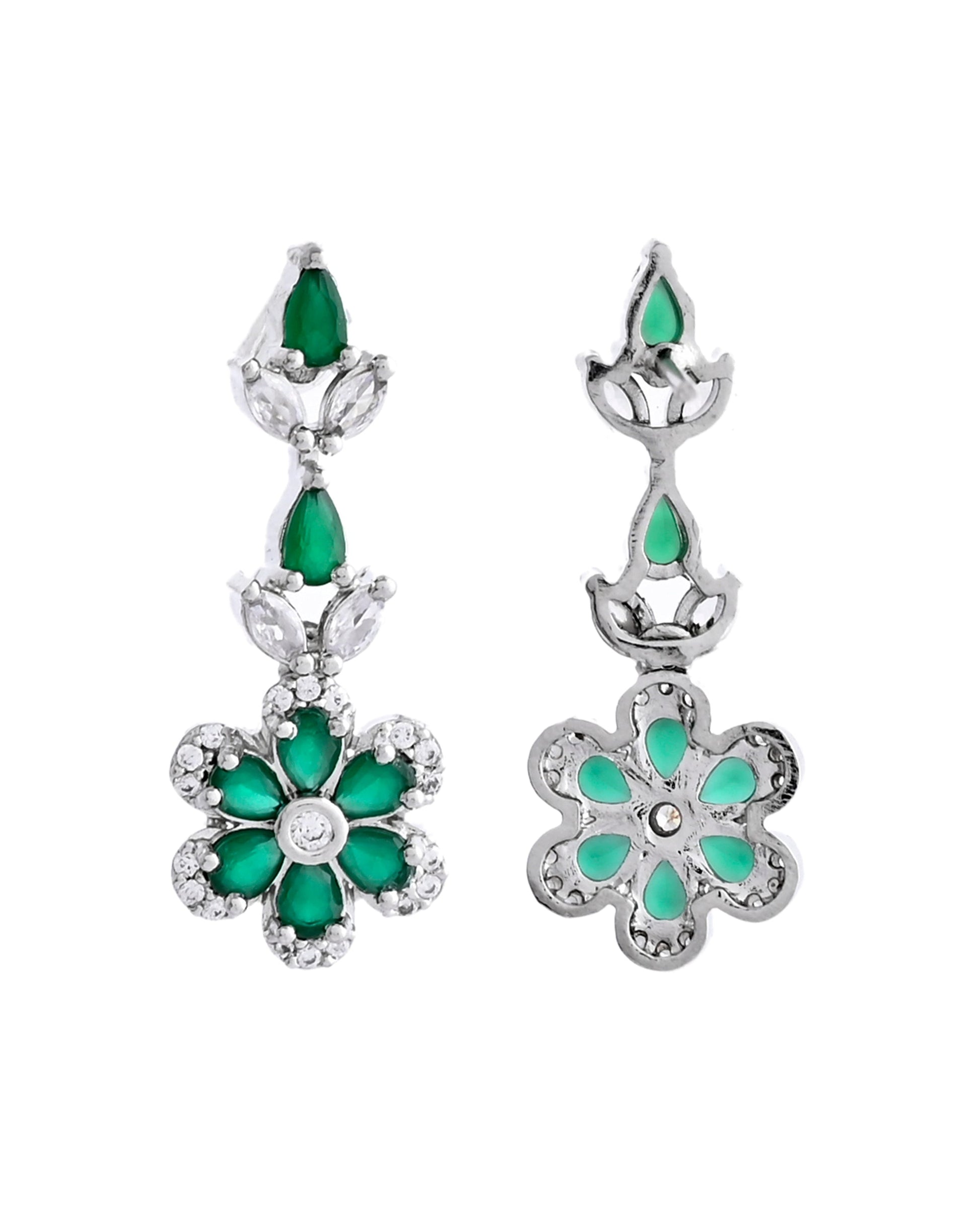 VOJ Silver Plated Green Stone Floral AD Jewellery Set VOJ (Valley Of Jewellery)