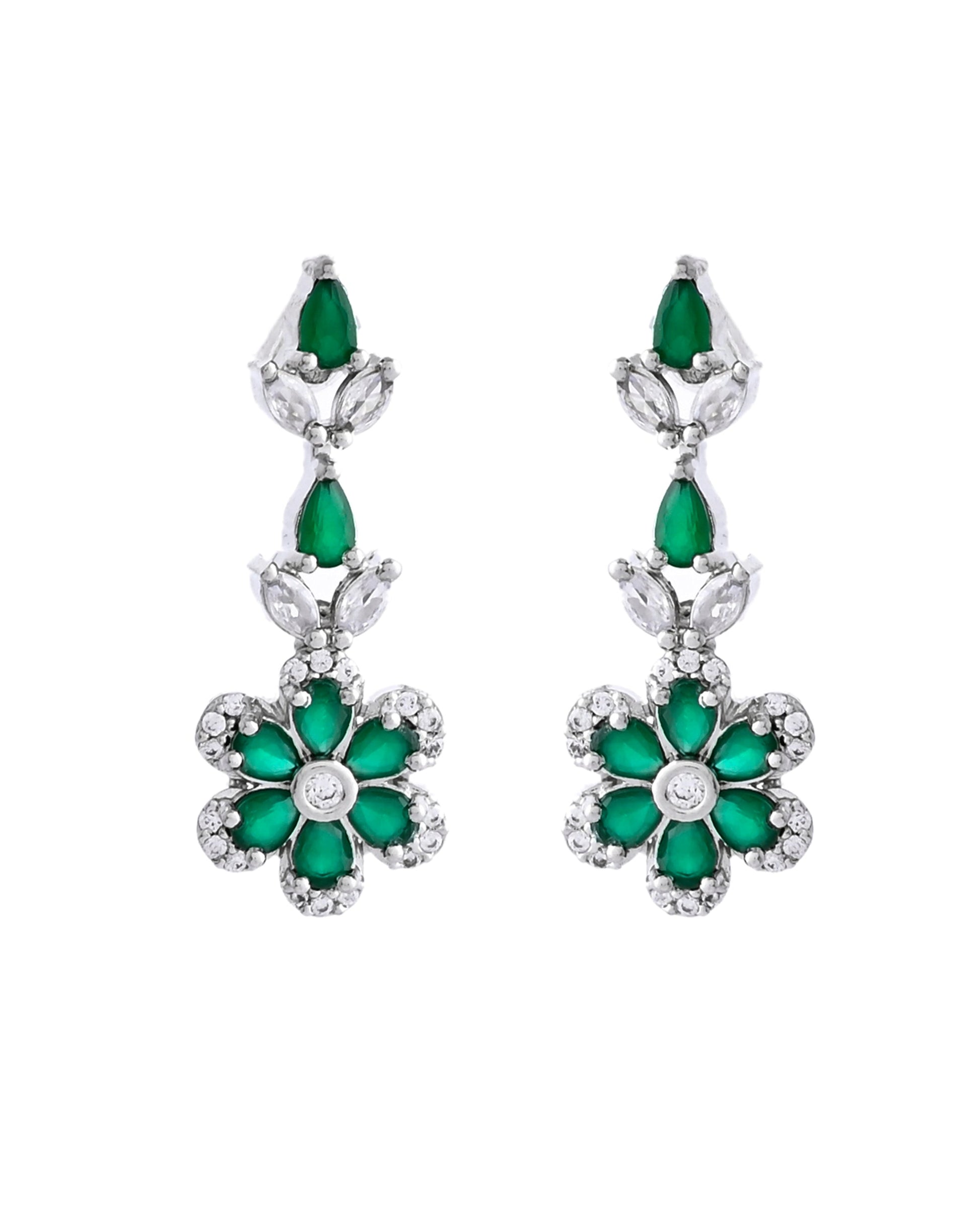 VOJ Silver Plated Green Stone Floral AD Jewellery Set VOJ (Valley Of Jewellery)