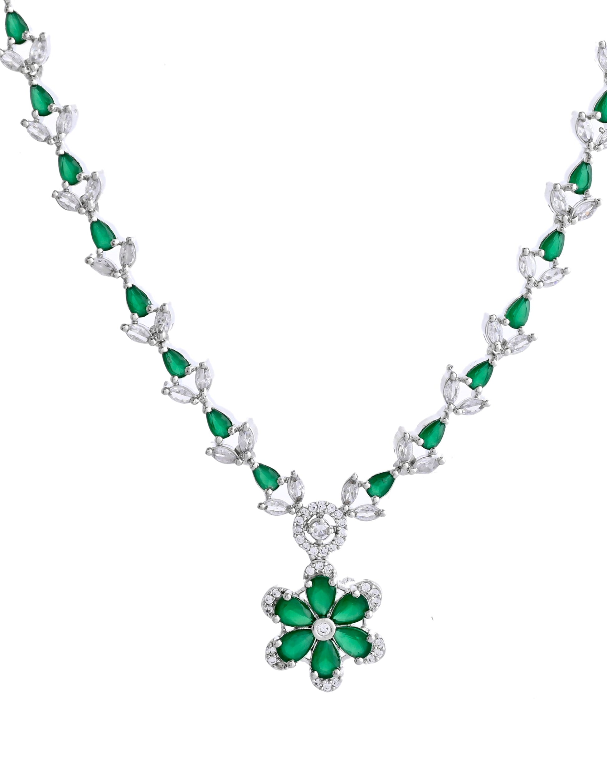 VOJ Silver Plated Green Stone Floral AD Jewellery Set VOJ (Valley Of Jewellery)