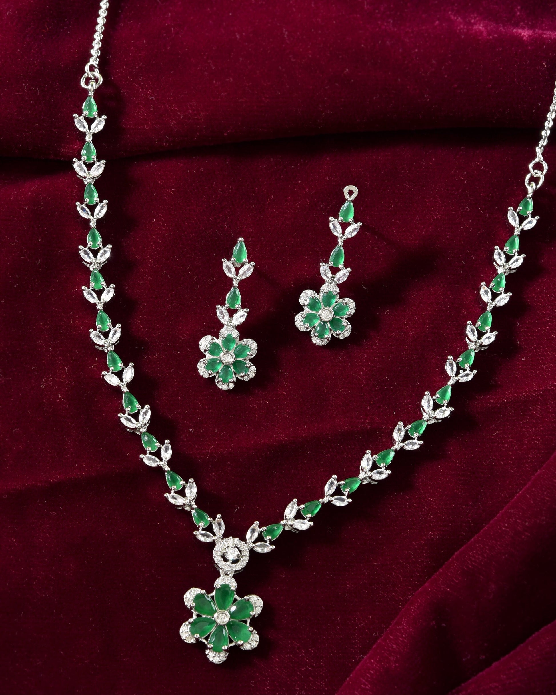 VOJ Silver Plated Green Stone Floral AD Jewellery Set - Swadesiicart