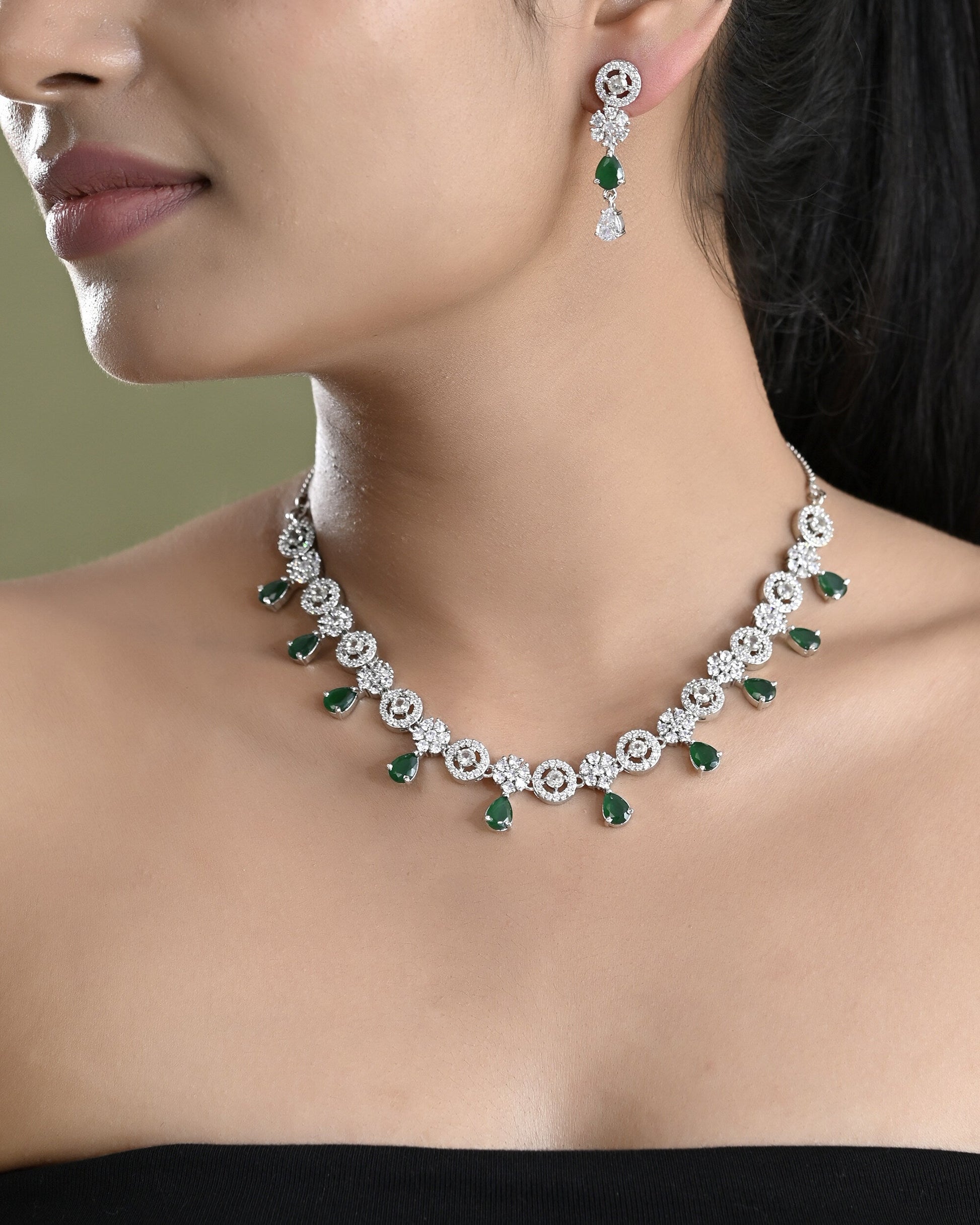 VOJ Silver Plated Green Stone Cricular AD Jewellery Set VOJ (Valley Of Jewellery)