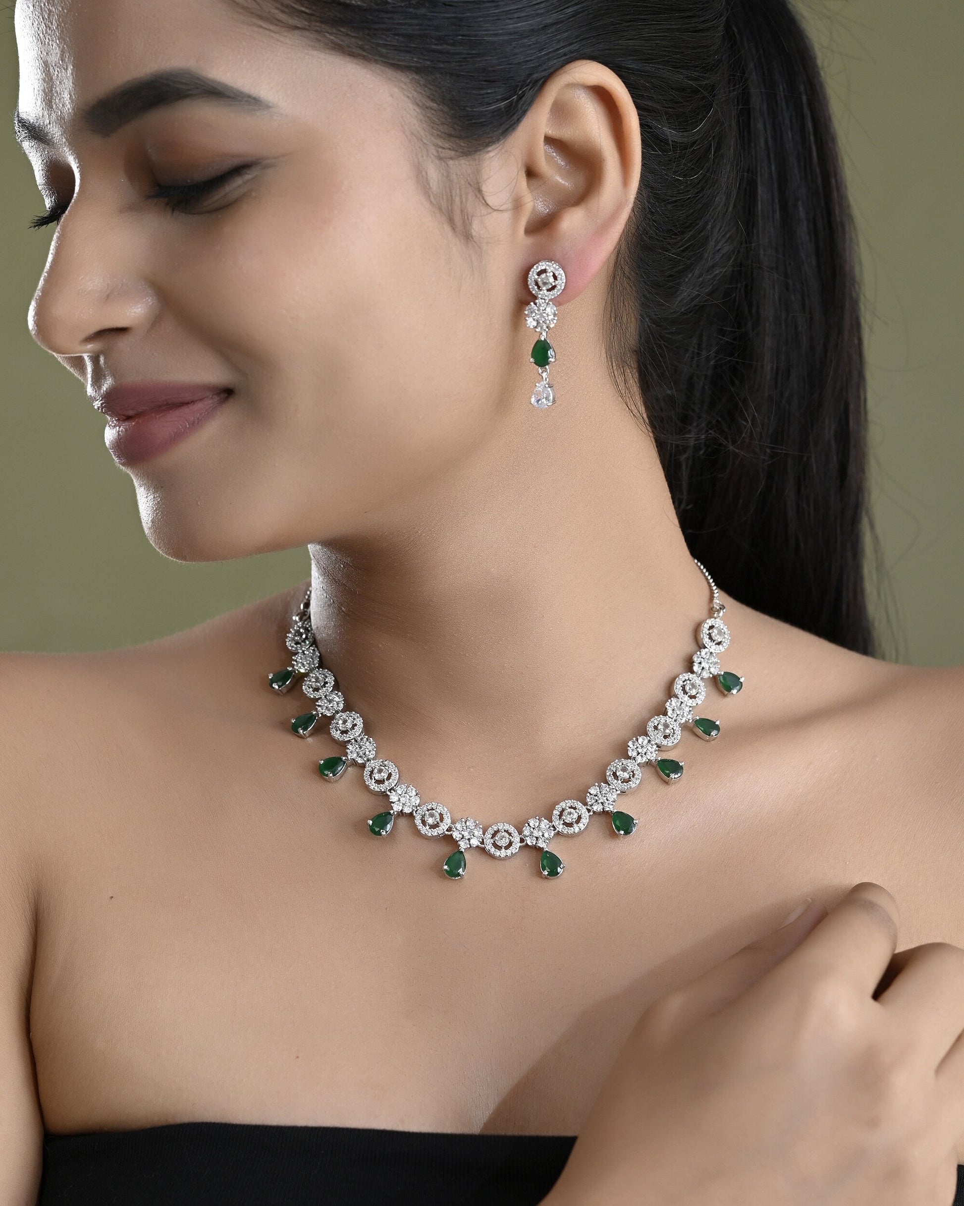VOJ Silver Plated Green Stone Cricular AD Jewellery Set VOJ (Valley Of Jewellery)