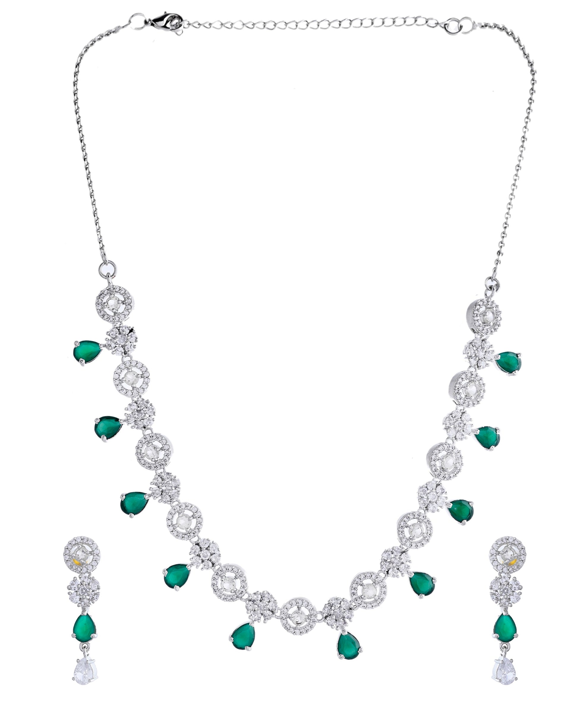 VOJ Silver Plated Green Stone Cricular AD Jewellery Set VOJ (Valley Of Jewellery)