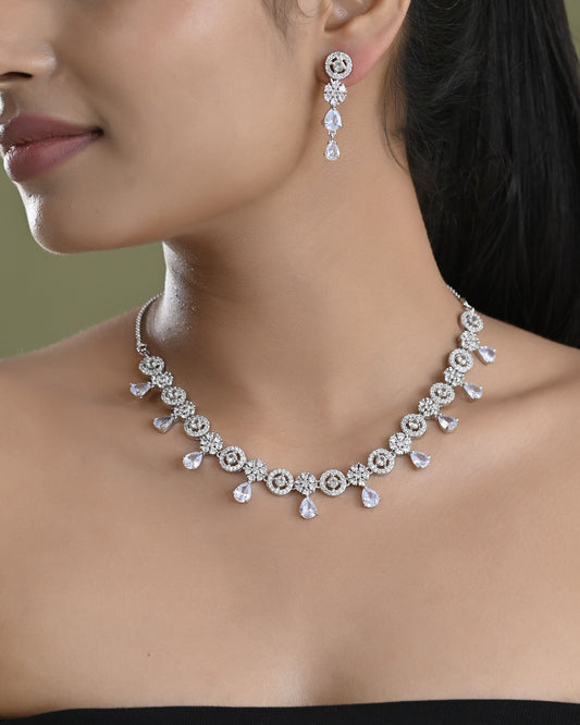 VOJ Silver Plated Floral And Cricular AD Jewellery Set VOJ (Valley Of Jewellery)